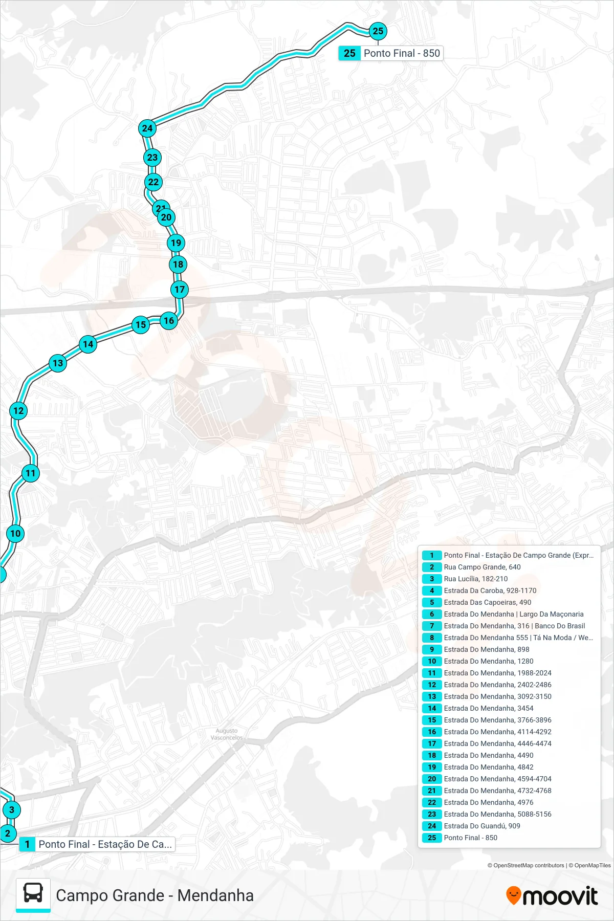 Rota e paradas da linha de ônibus 850 (Mendanha) no mapa
