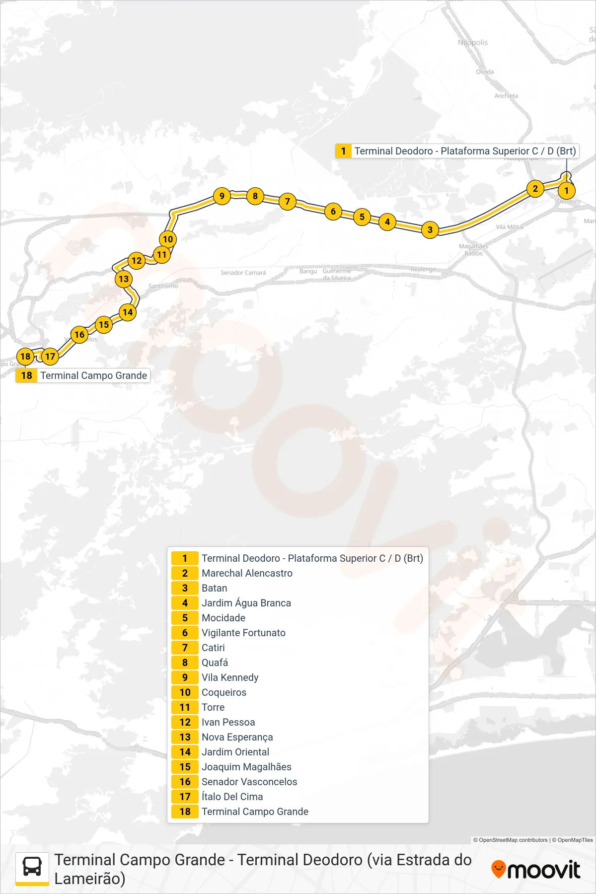 Rota e paradas da linha de ônibus 67 (Terminal Campo Grande) no mapa