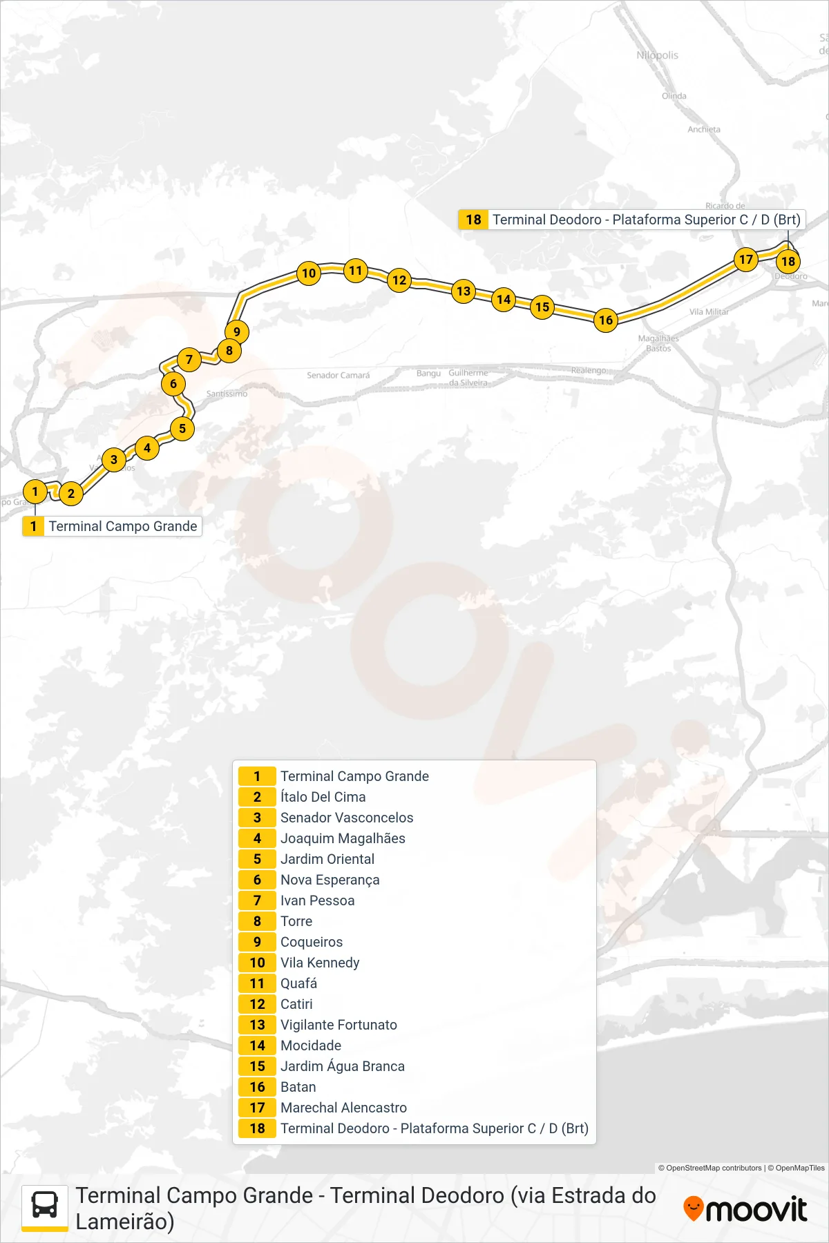 Rota e paradas da linha de ônibus 67 (Terminal Deodoro) no mapa