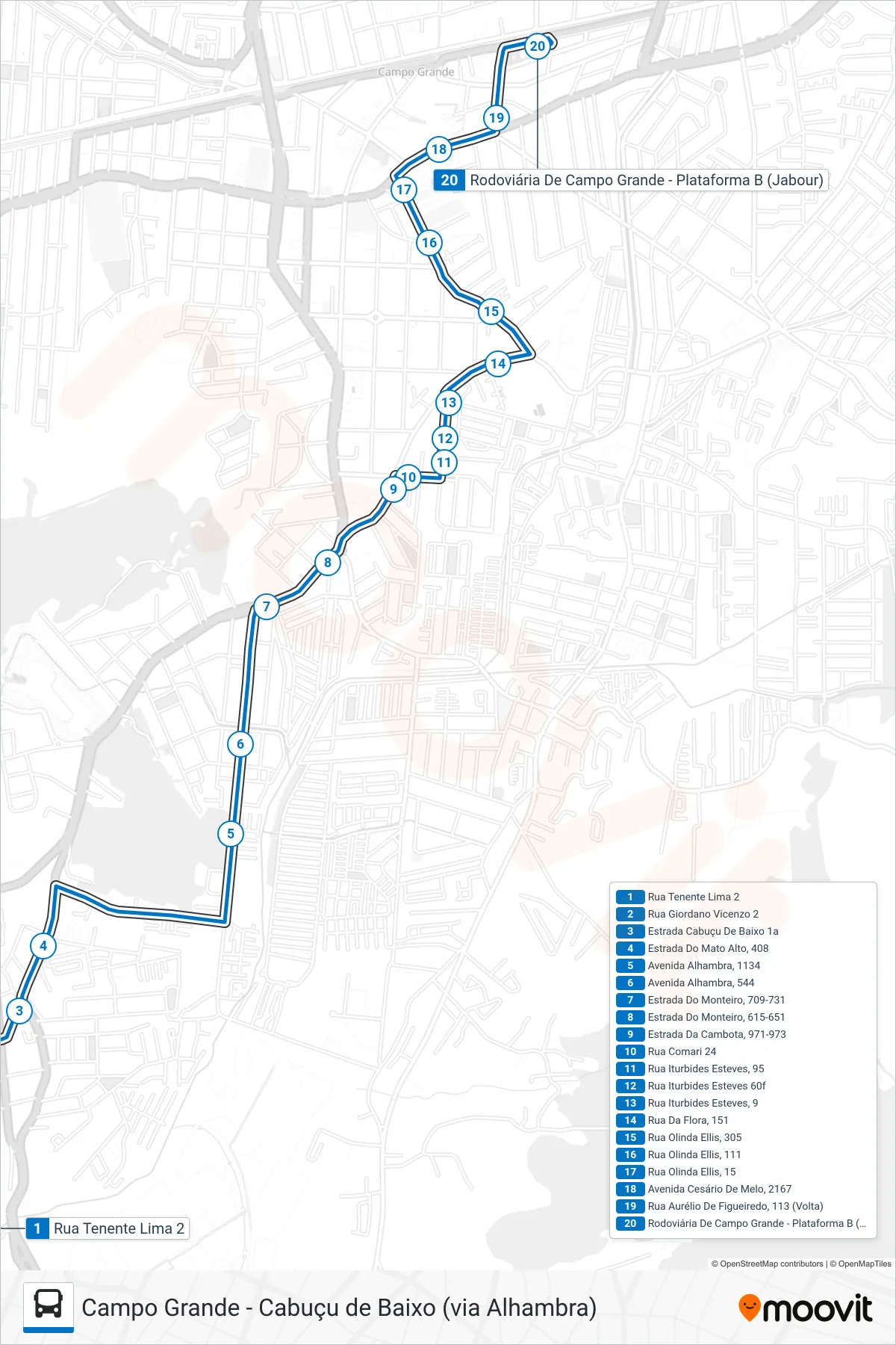 834 bus Line (Campo Grande) route and stops on a map
