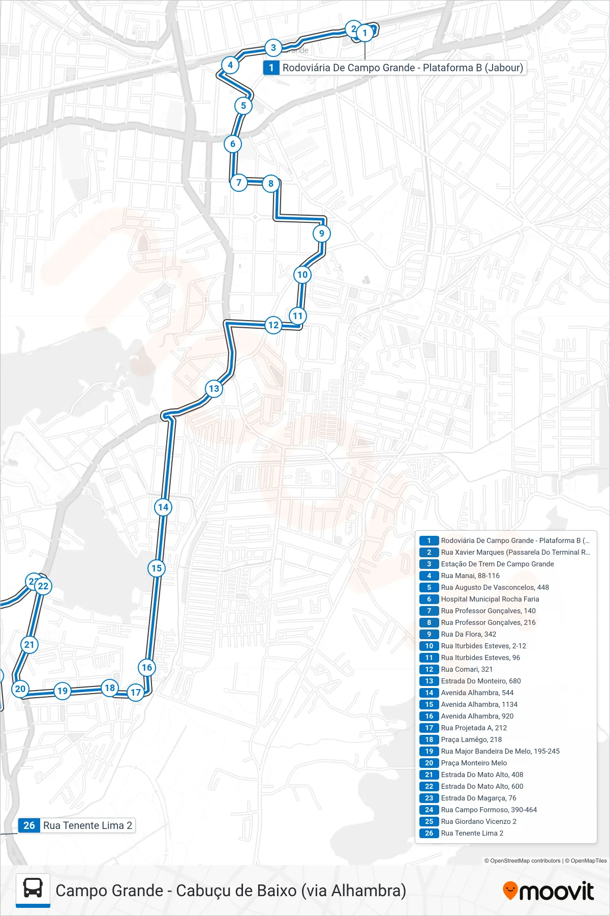 834 bus Line (Cabuçu de Baixo) route and stops on a map