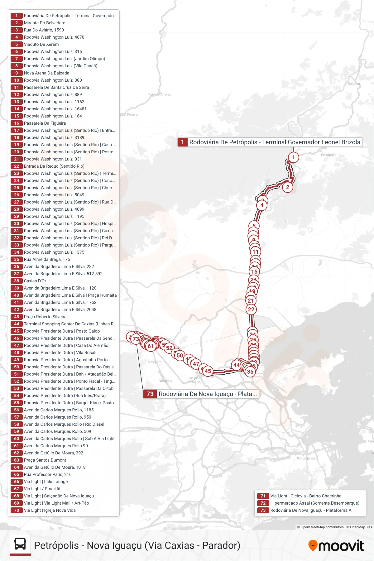 2151N bus Line (Nova Iguaçu) route and stops on a map