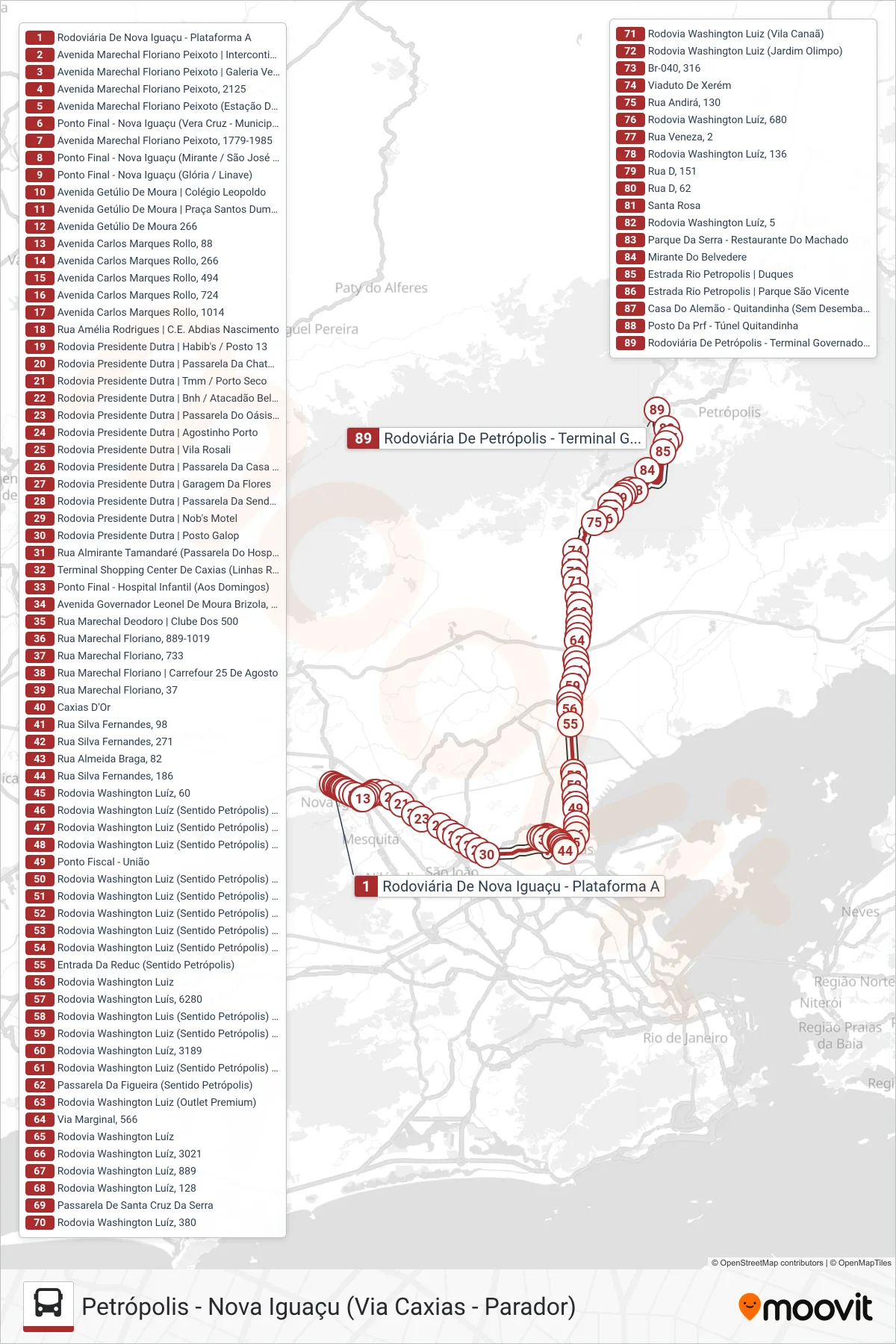 2151N bus Line (Petrópolis) route and stops on a map
