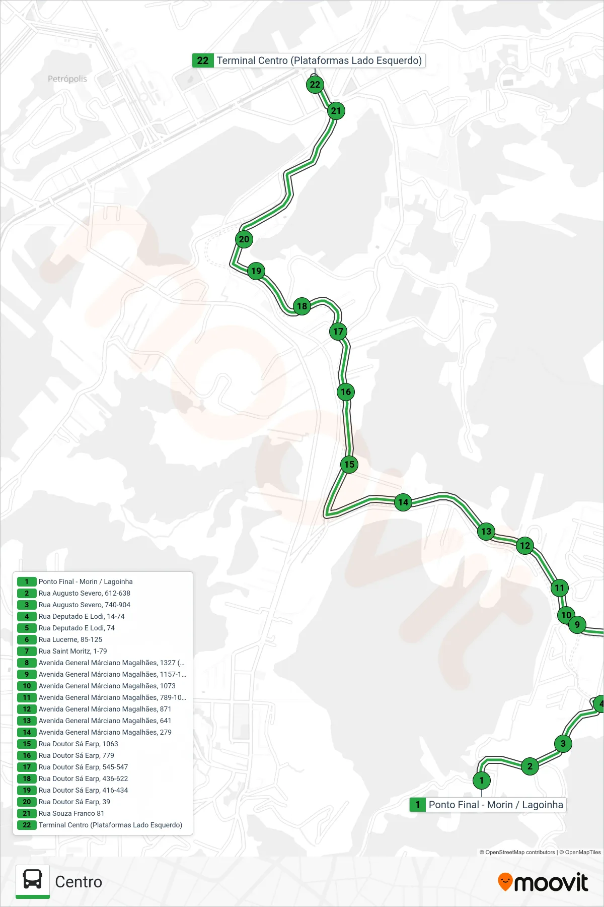 Rota e paradas da linha de ônibus 143 (Centro) no mapa
