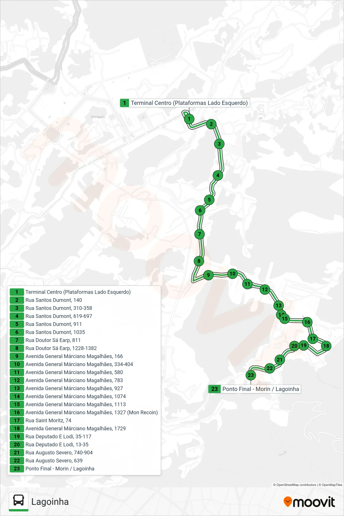 Rota e paradas da linha de ônibus 143 (Lagoinha) no mapa