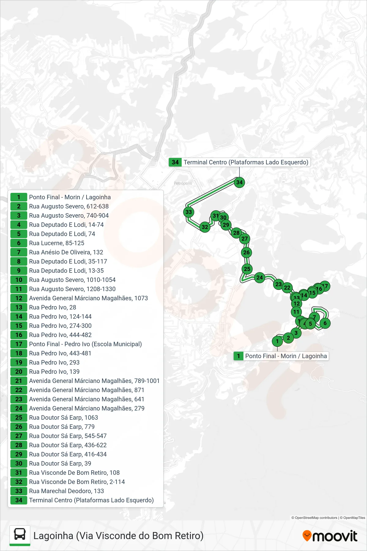 Rota e paradas da linha de ônibus 144 (Centro (Via Pedro Ivo)) no mapa