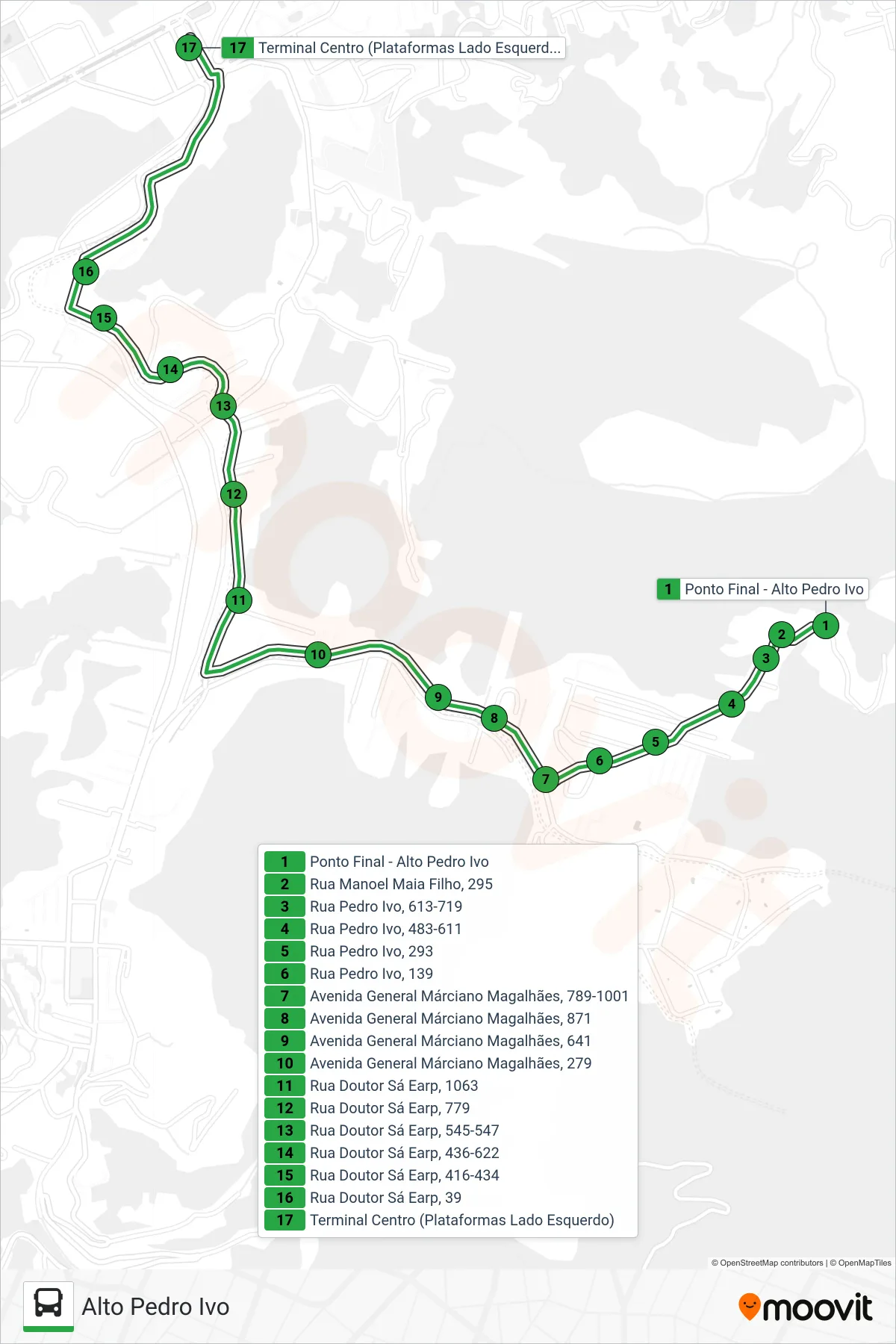 Rota e paradas da linha de ônibus 148 (Centro) no mapa