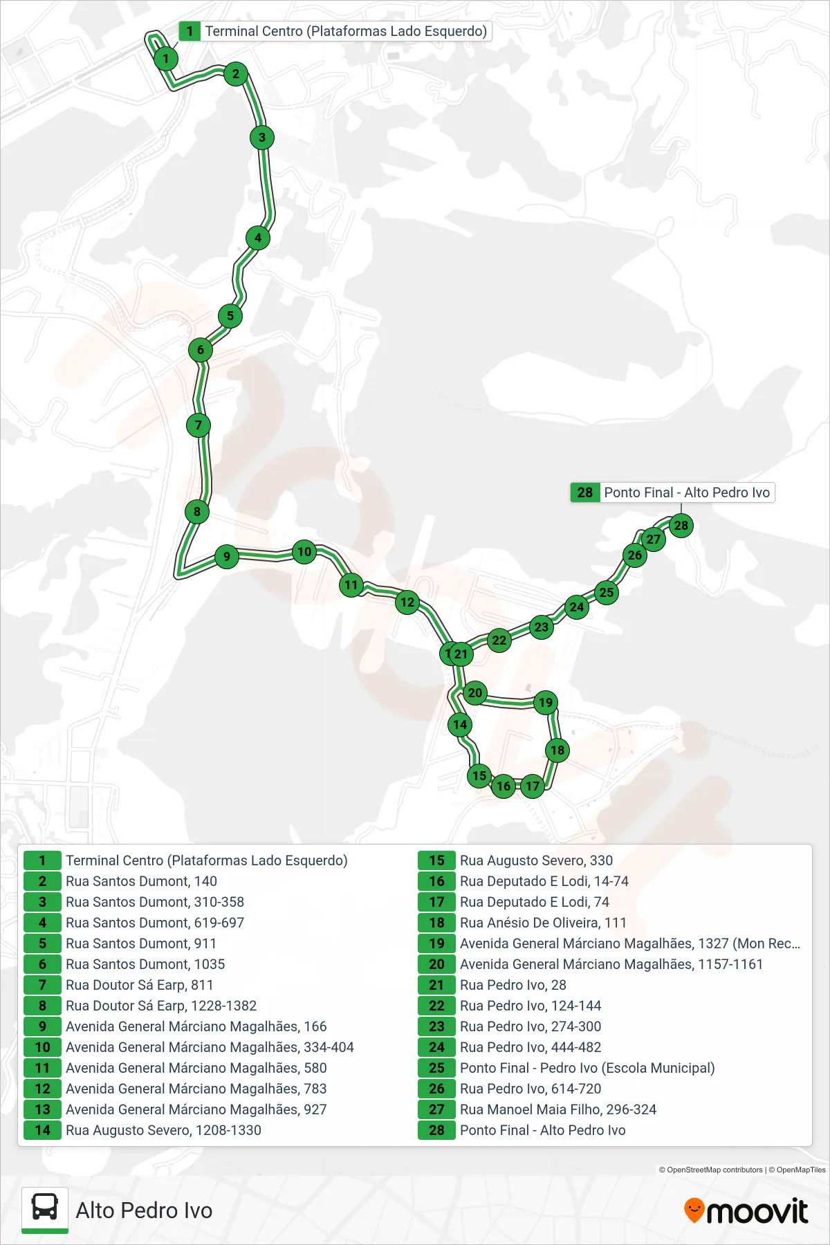 Rota e paradas da linha de ônibus 148 (Alto Pedro Ivo (via Rua Anésio de Oliveira)) no mapa
