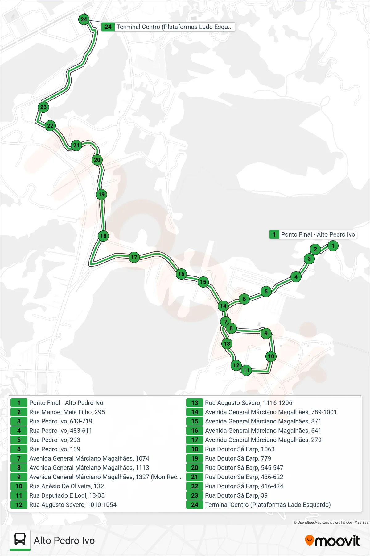 Rota e paradas da linha de ônibus 148 (Centro (via Rua Anésio de Oliveira)) no mapa