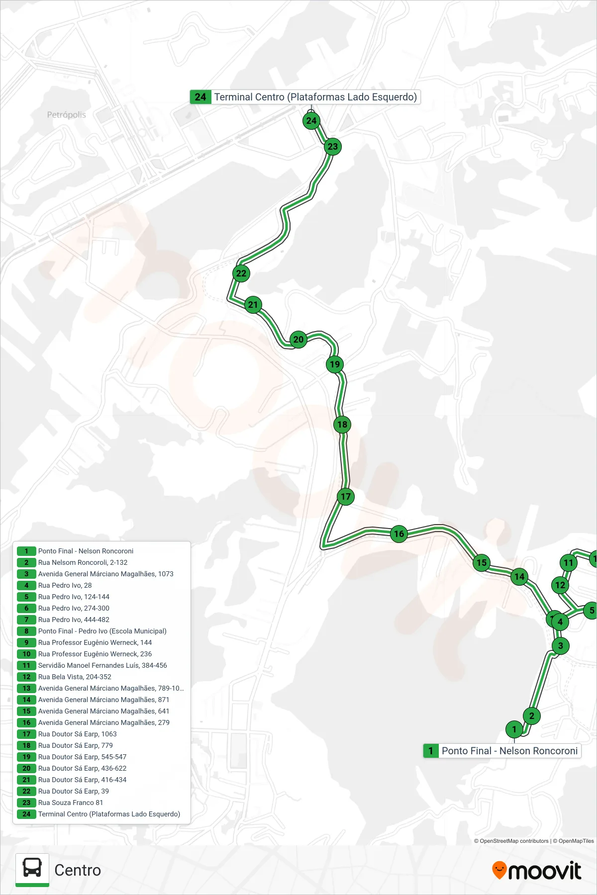 Rota e paradas da linha de ônibus 149 (Centro) no mapa