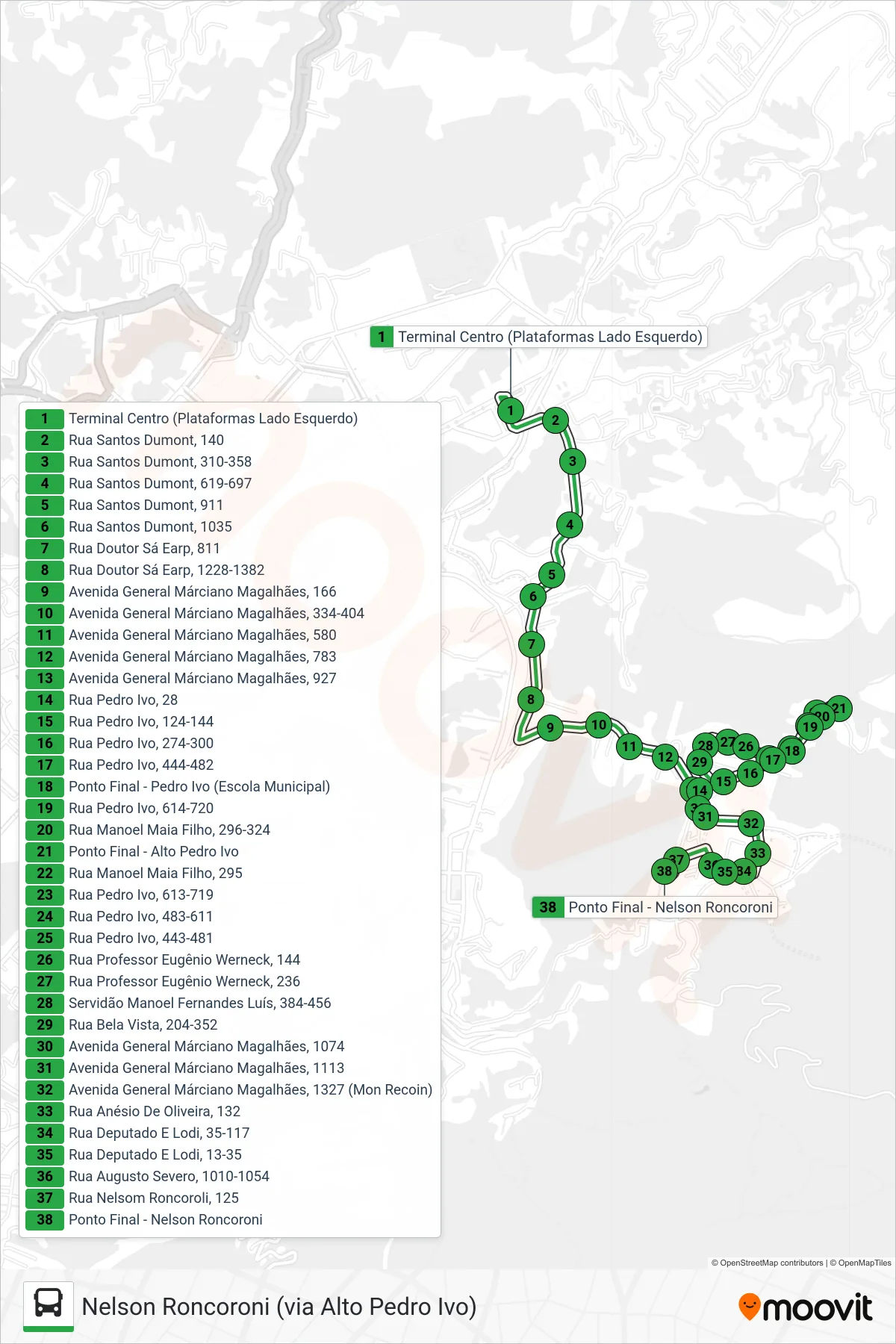 Rota e paradas da linha de ônibus 149 (Nelson Roncoroni (via Alto Pedro Ivo)) no mapa