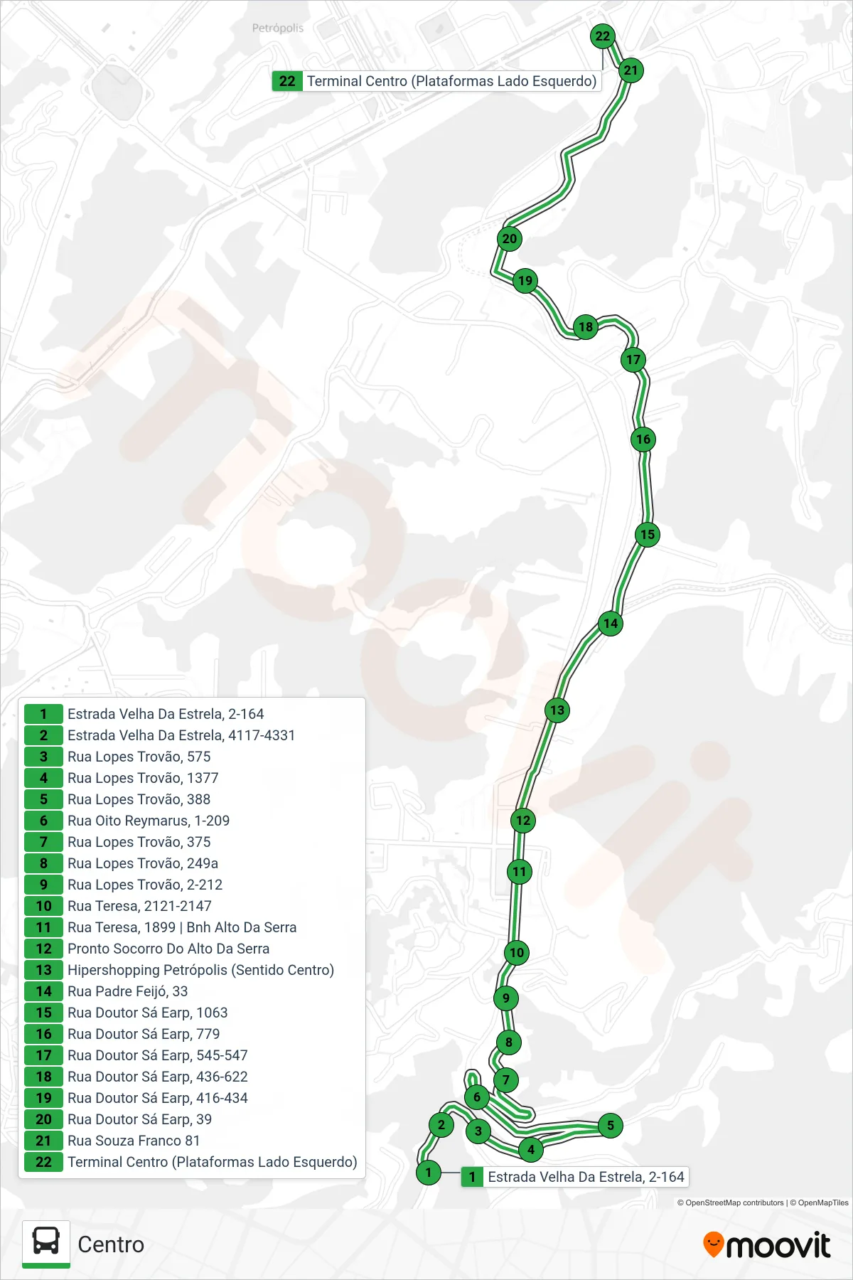 Rota e paradas da linha de ônibus 153 (Centro) no mapa