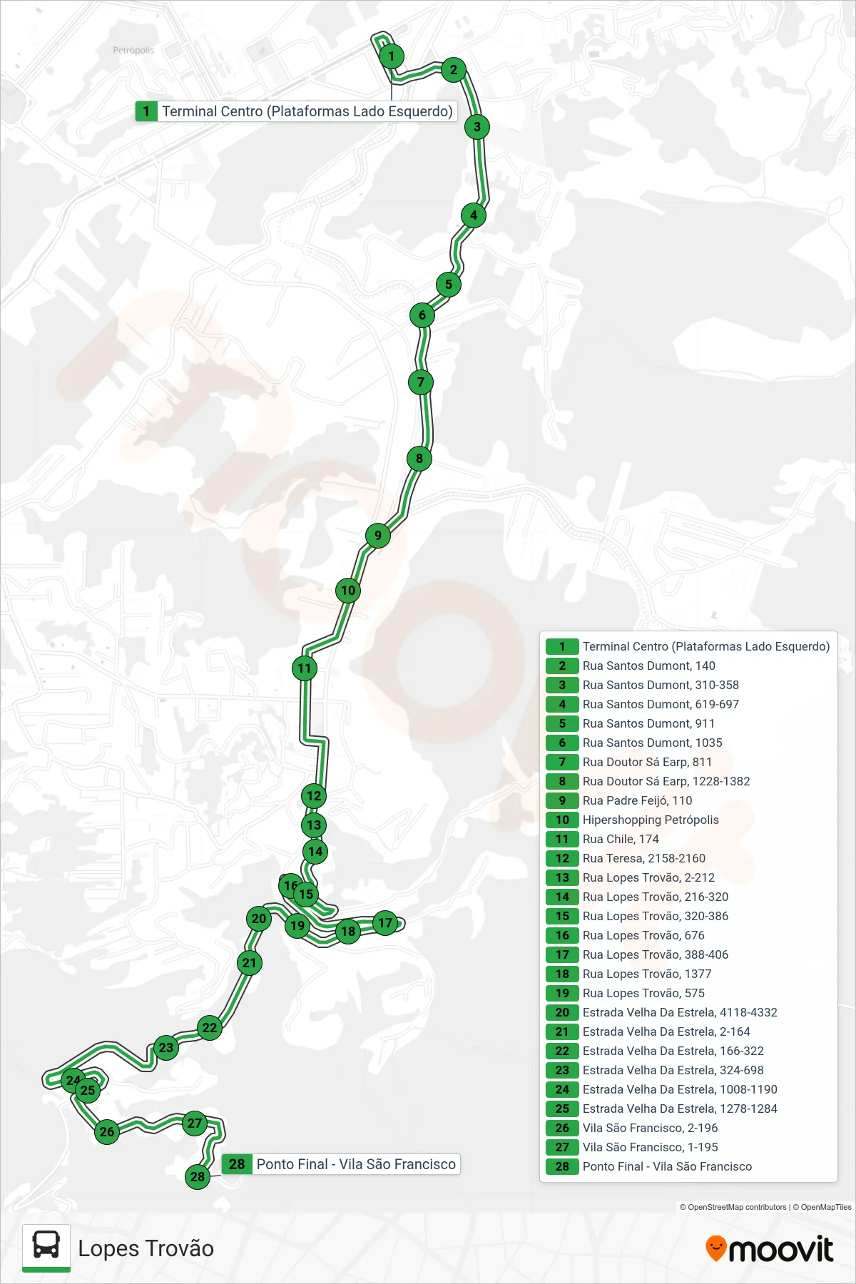 Rota e paradas da linha de ônibus 153 (Lopes Trovão) no mapa