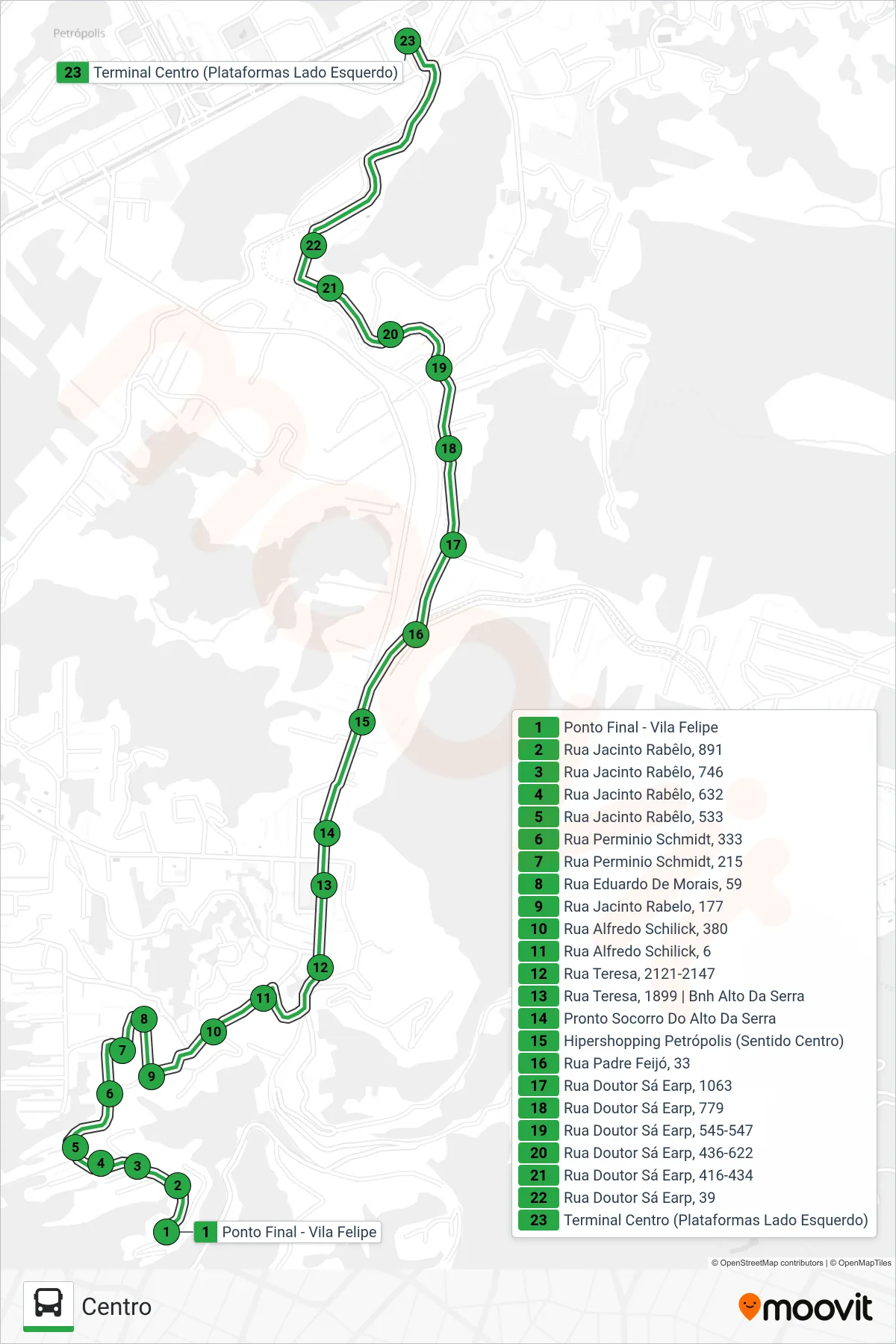Rota e paradas da linha de ônibus 154 (Centro) no mapa