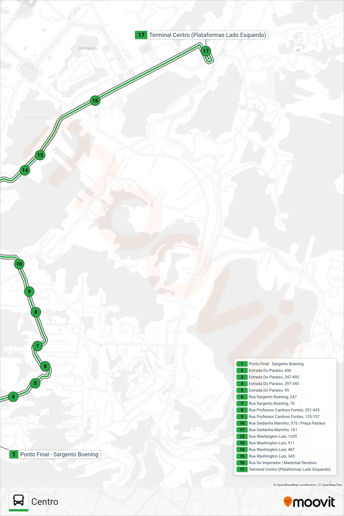 Rota e paradas da linha de ônibus 162 (Centro) no mapa