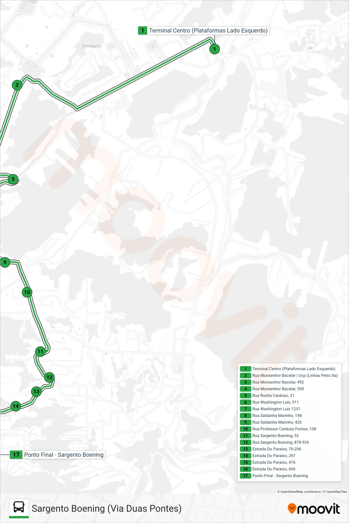 Rota e paradas da linha de ônibus 162 (Sargento Boening (Via Duas Pontes)) no mapa