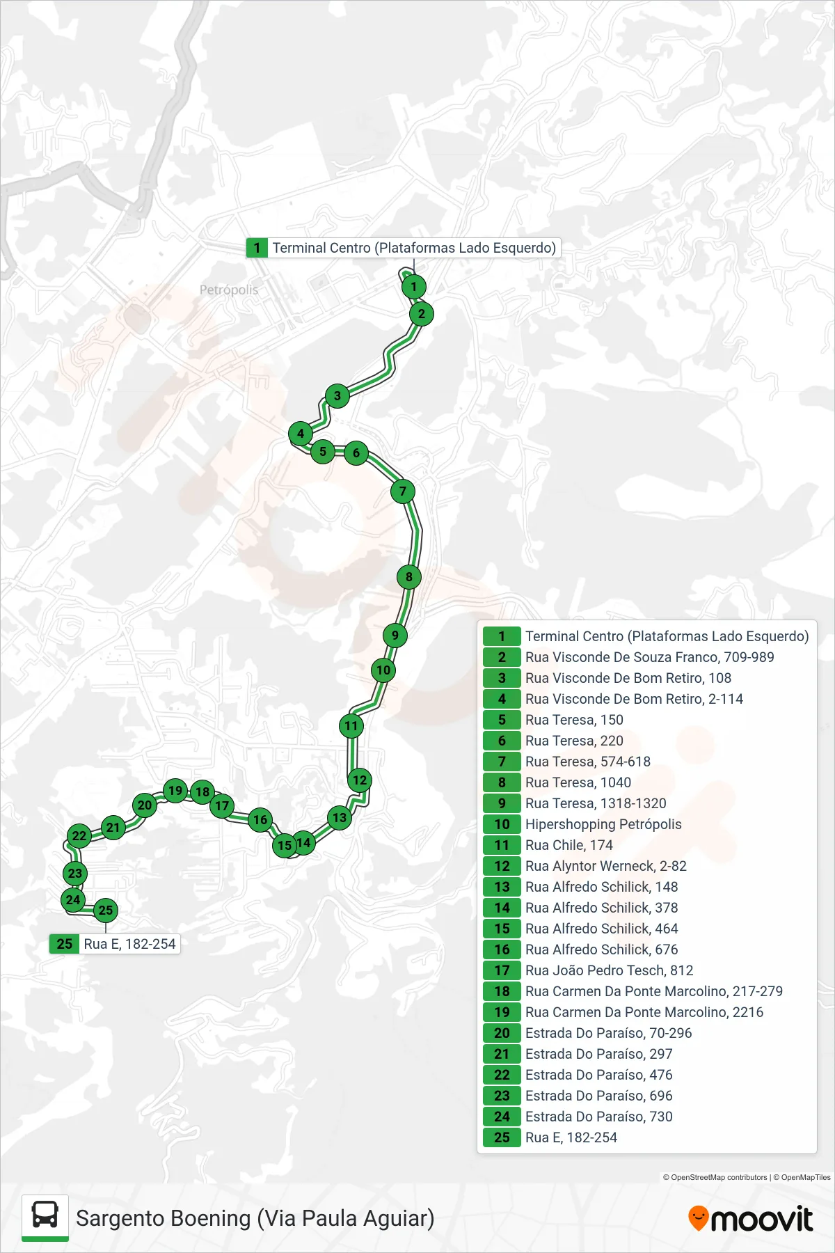 Rota e paradas da linha de ônibus 163 (Sargento Boening (Via Paula Aguiar)) no mapa
