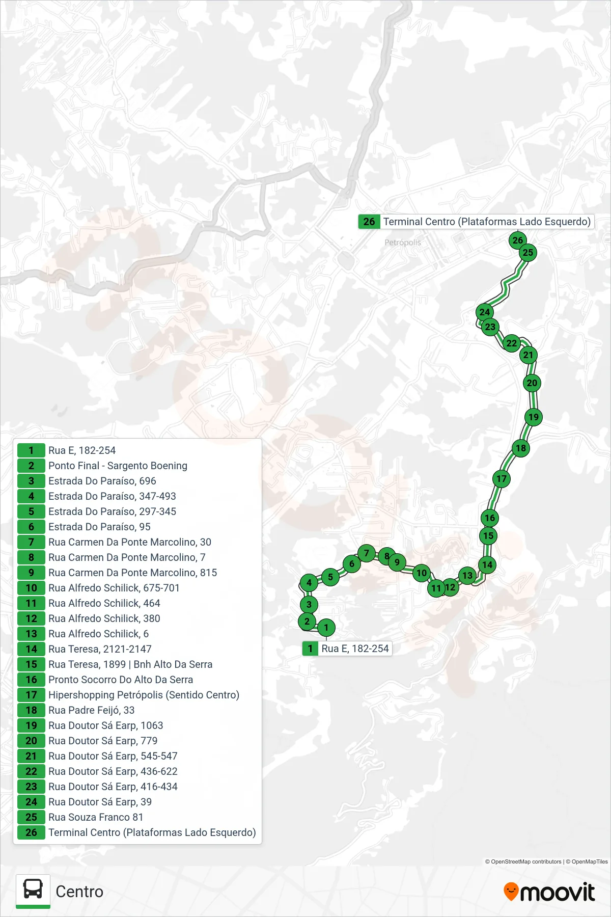 Rota e paradas da linha de ônibus 163 (Centro) no mapa