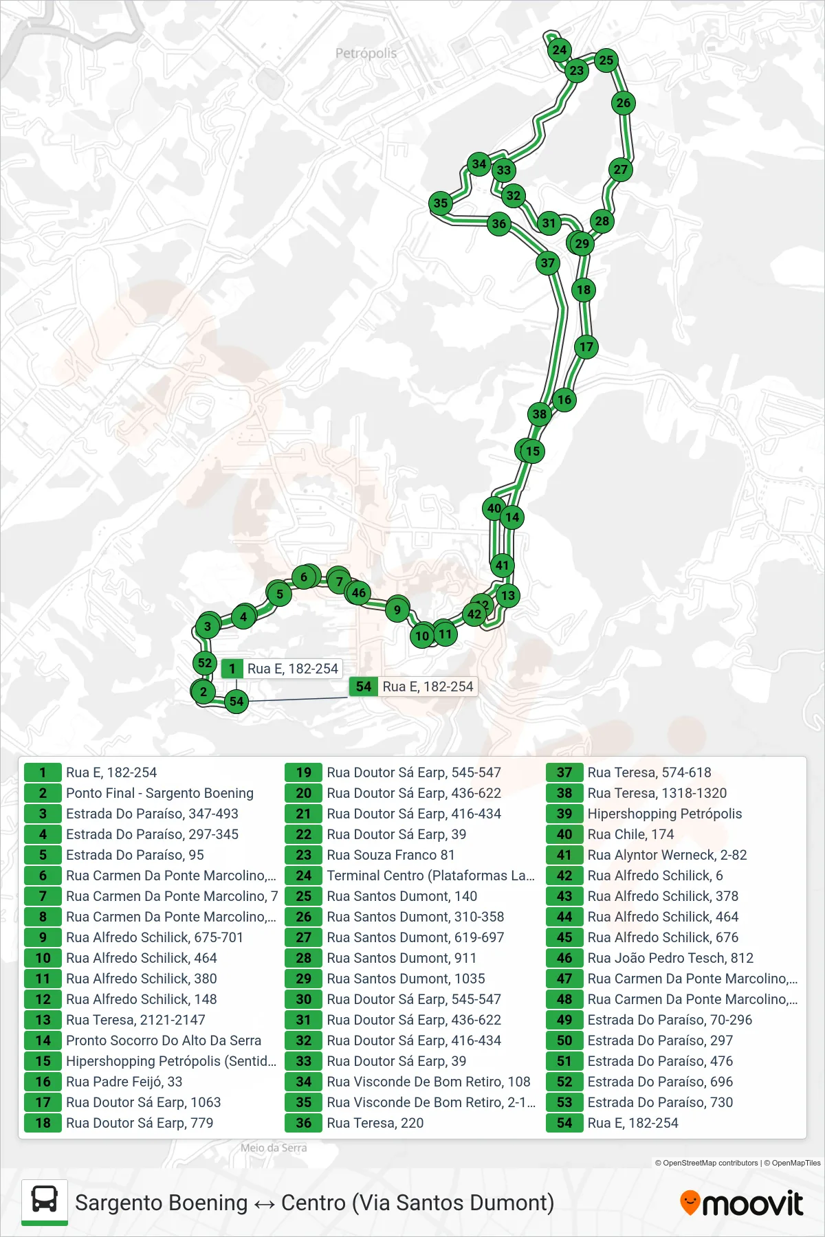 Rota e paradas da linha de ônibus 163 (Sargento Boening ↔ Centro (Via Santos Dumont)) no mapa