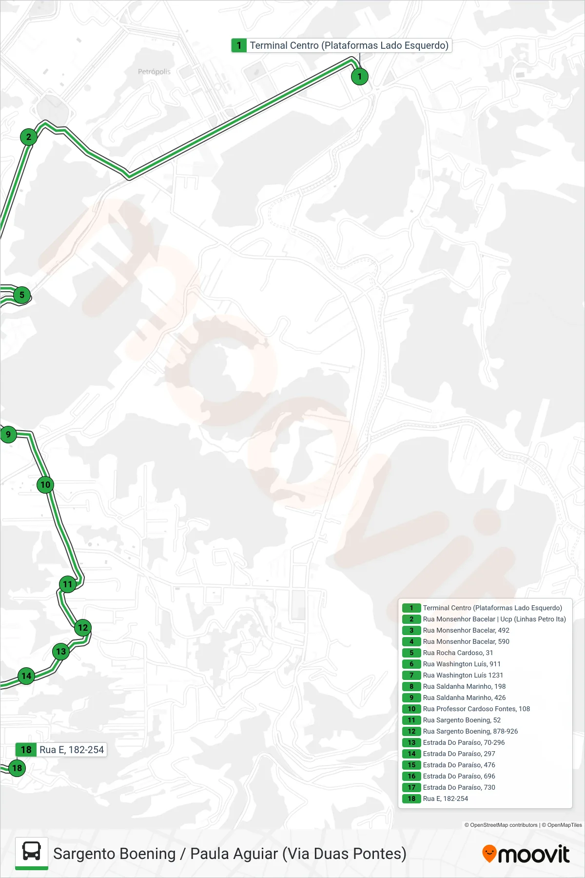 Rota e paradas da linha de ônibus 164 (Sargento Boening / Paula Aguiar (Via Duas Pontes)) no mapa