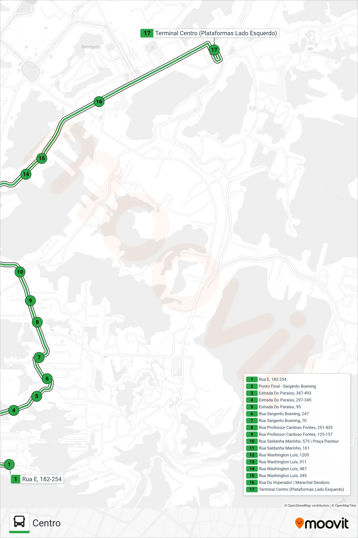 Rota e paradas da linha de ônibus 164 (Centro) no mapa
