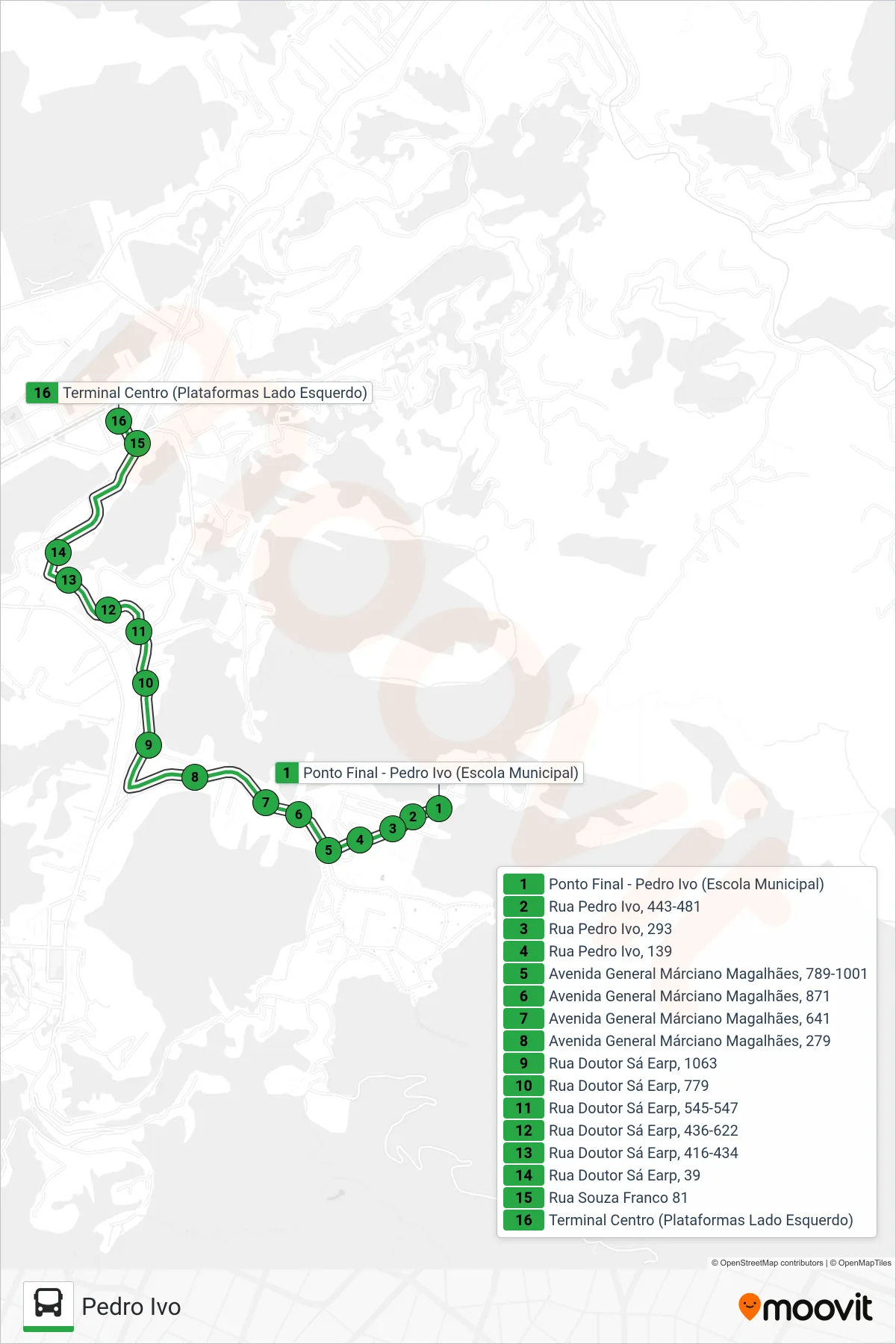 Rota e paradas da linha de ônibus 147 (Centro) no mapa