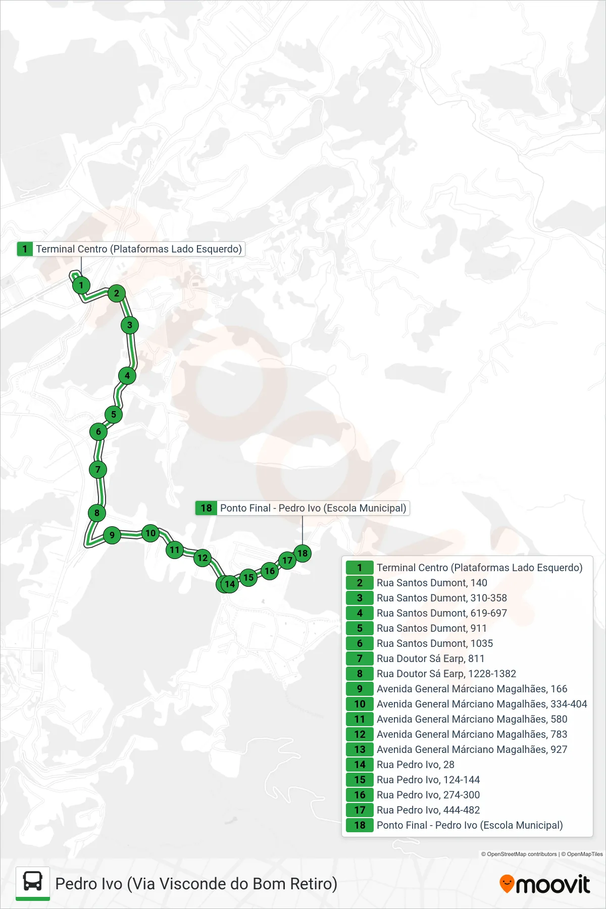 Rota e paradas da linha de ônibus 147 (Pedro Ivo) no mapa