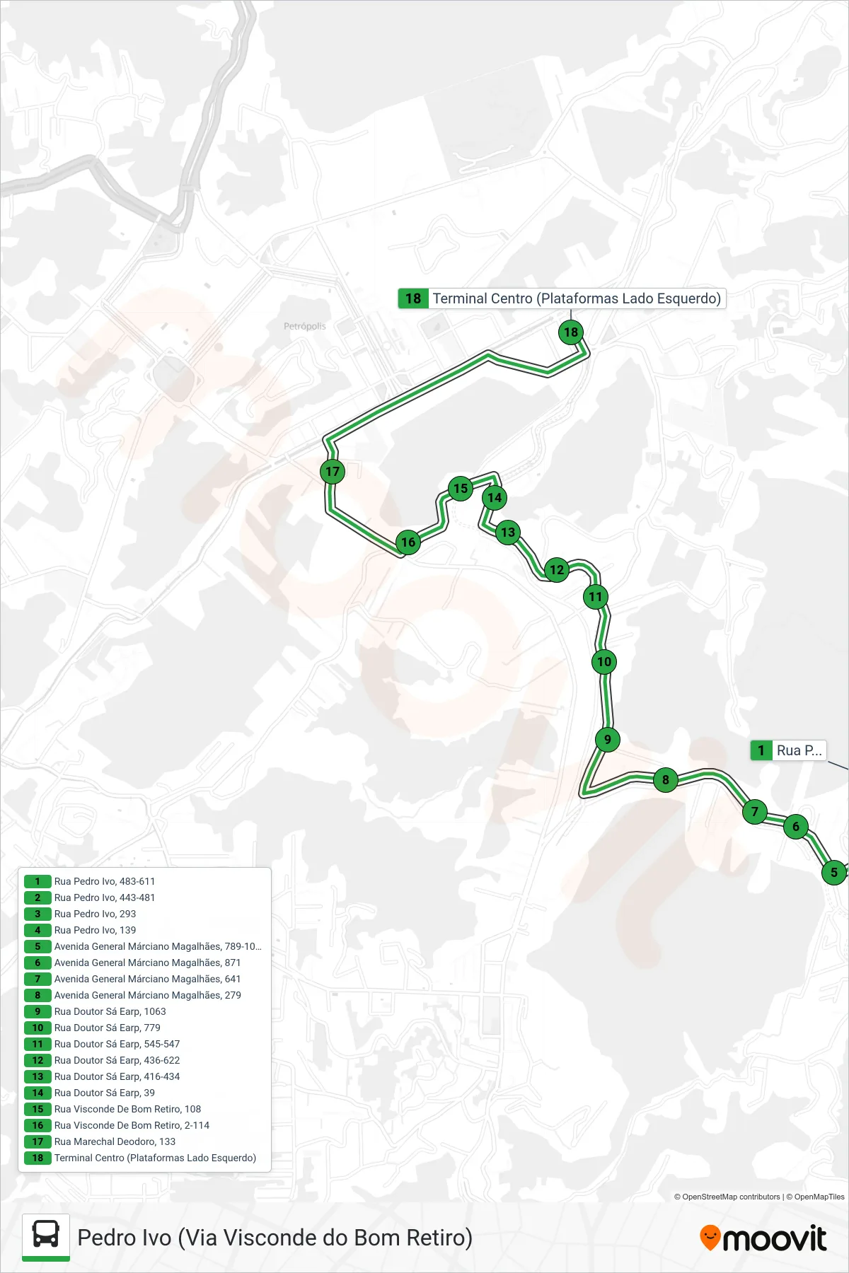 Rota e paradas da linha de ônibus  147  (Centro) no mapa
