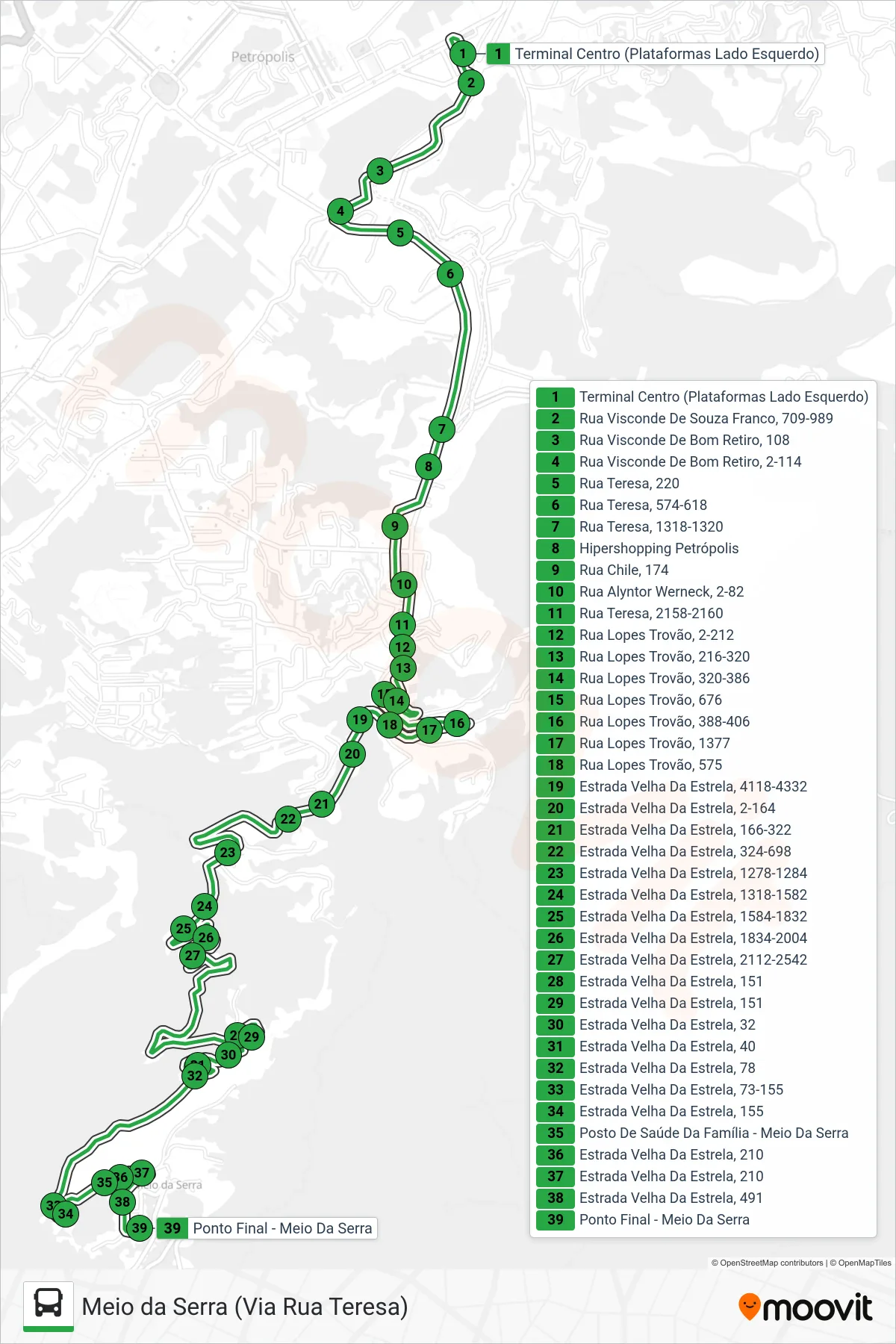 Rota e paradas da linha de ônibus 151 (Meio Da Serra (Via Rua Teresa)) no mapa