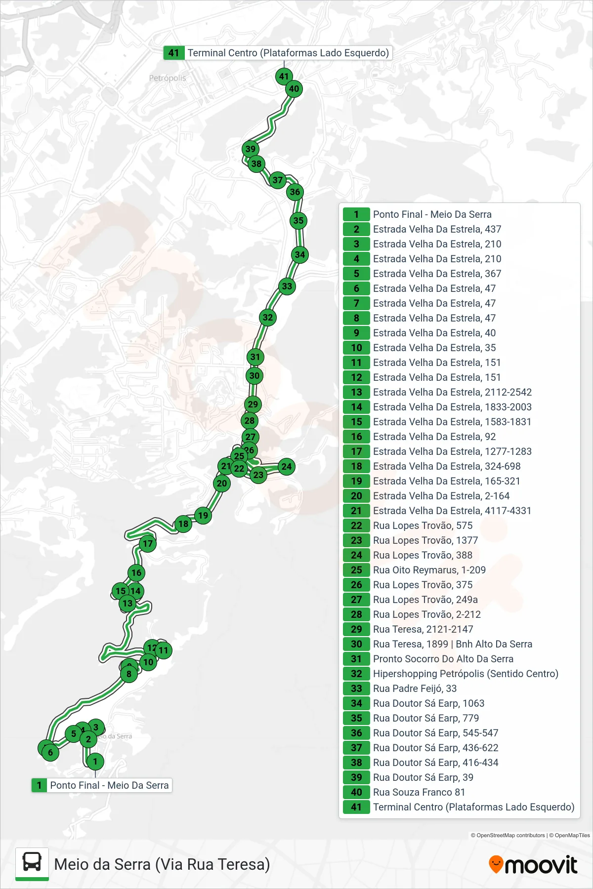 Rota e paradas da linha de ônibus 151 (Centro) no mapa