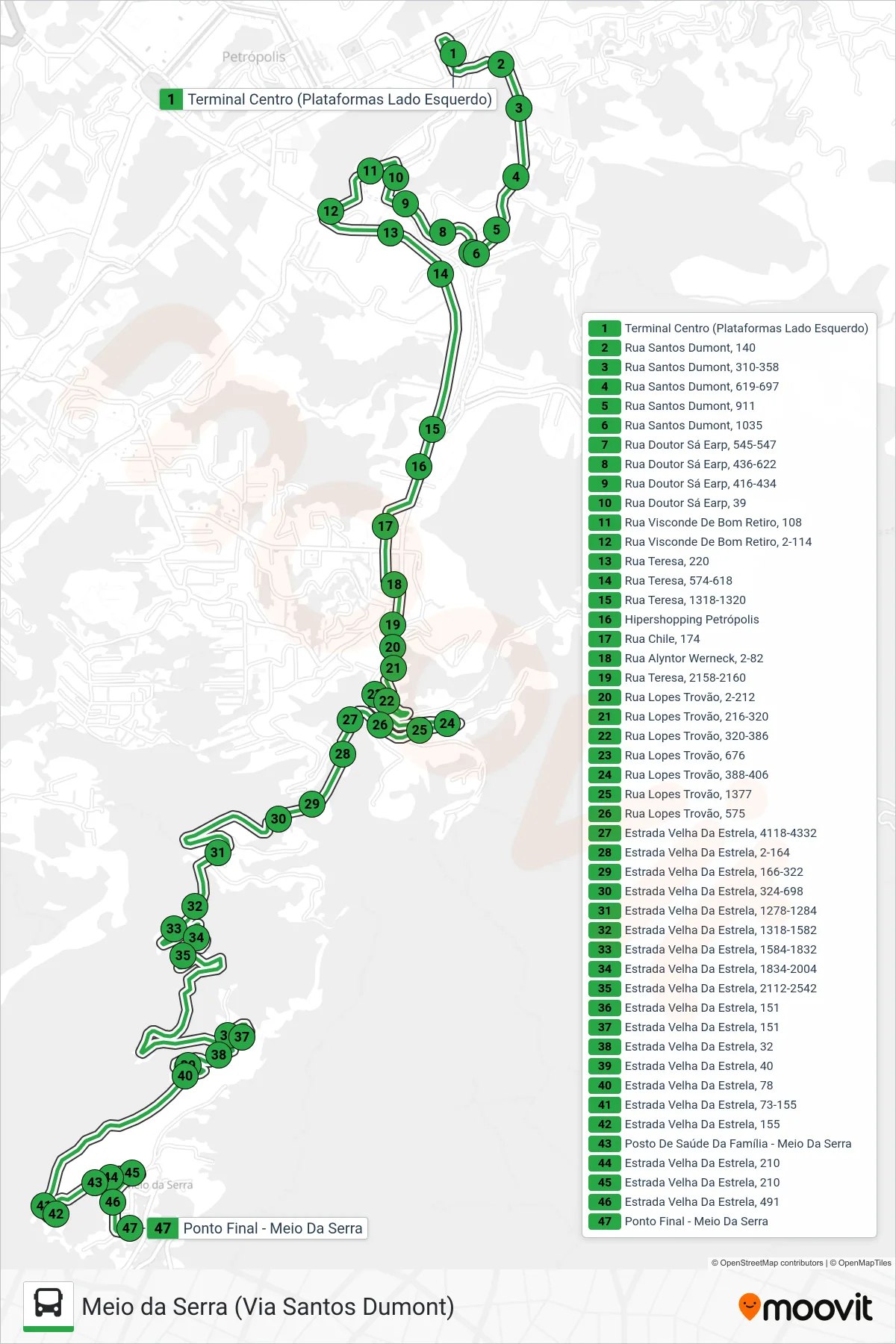 Rota e paradas da linha de ônibus 152 (Meio Da Serra (Via Santos Dumont)) no mapa