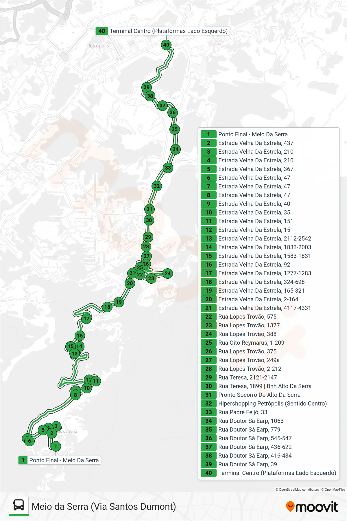Rota e paradas da linha de ônibus 152 (Centro) no mapa