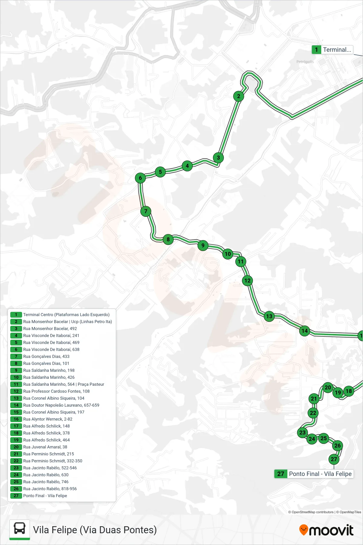 155 bus Line (Vila Felipe (Via Duas Pontes)) route and stops on a map