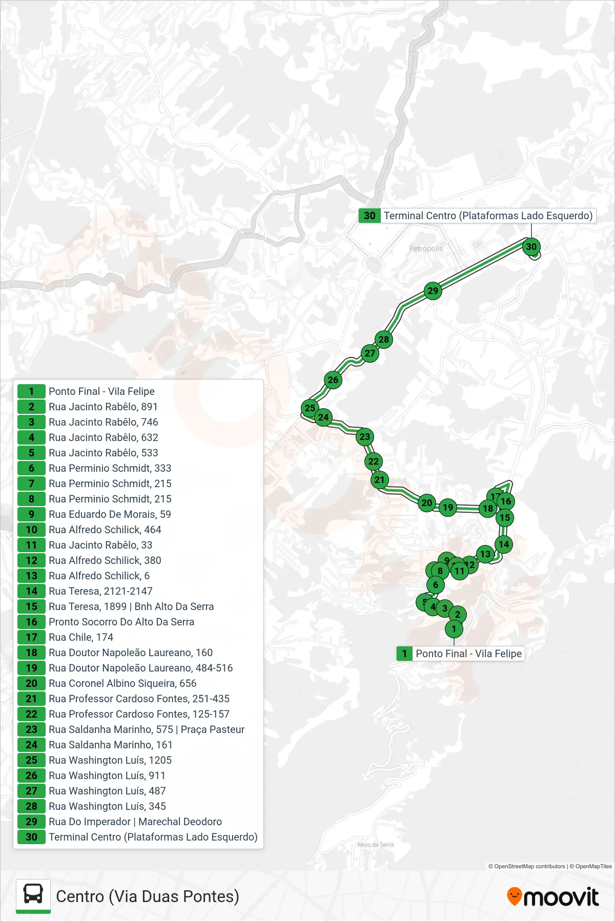 Rota e paradas da linha de ônibus 155 (Centro (Via Duas Pontes)) no mapa