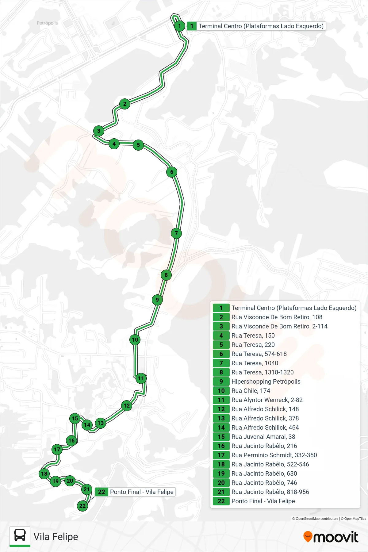 Rota e paradas da linha de ônibus 156 (Vila Felipe) no mapa
