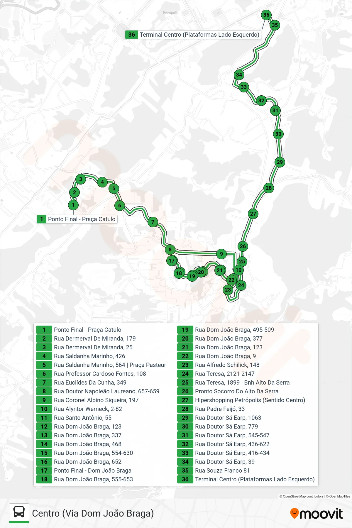 Rota e paradas da linha de ônibus  157  (Centro (Via Dom João Braga)) no mapa