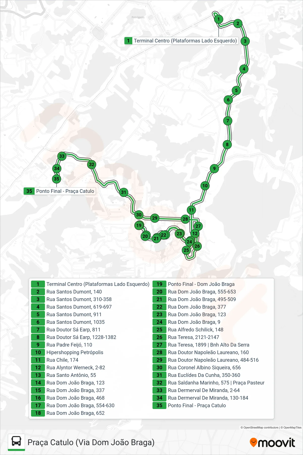 157 bus Line (Praça Catulo (Via Dom João Braga)) route and stops on a map