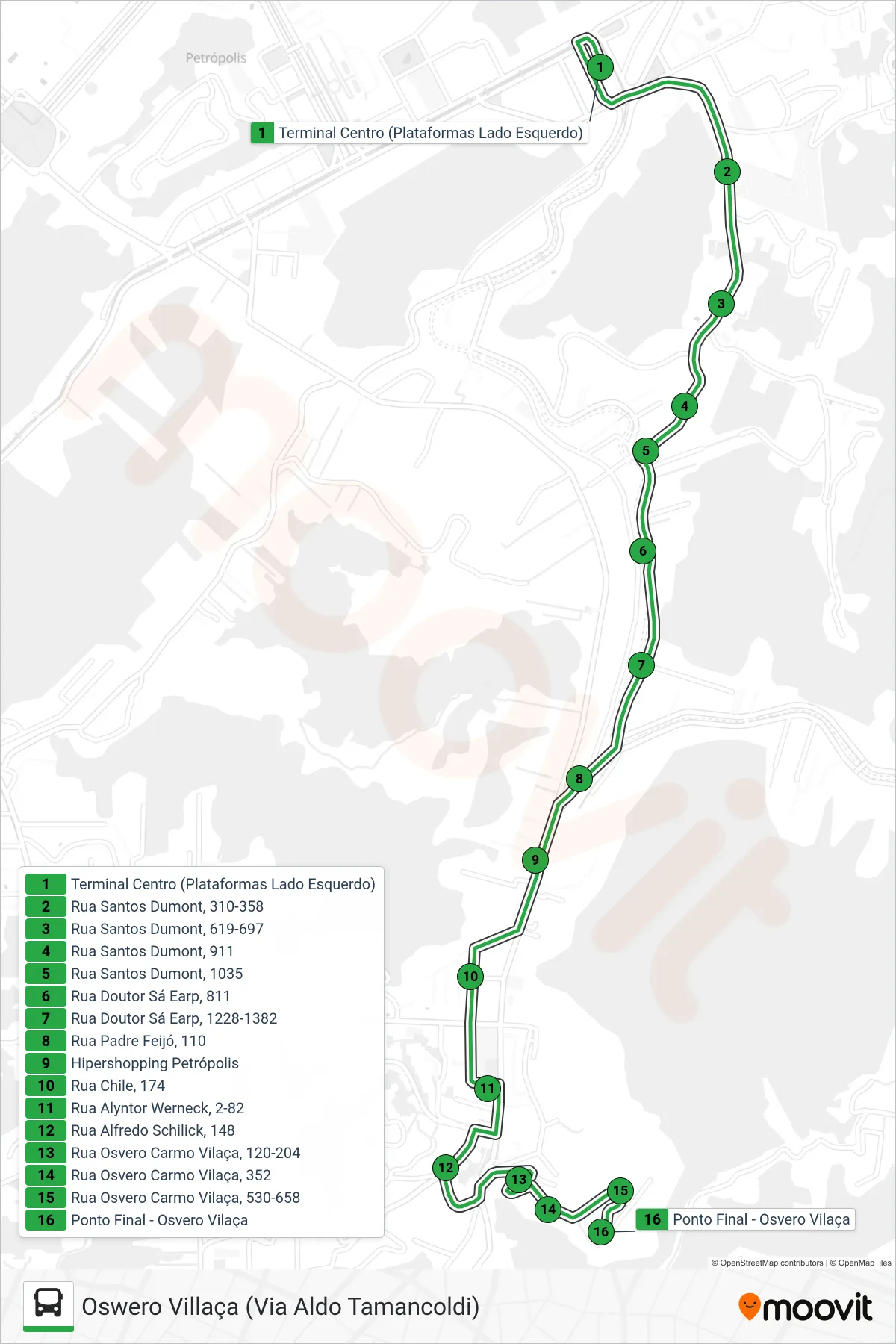 158 bus Line (Oswero Villaça (Direto)) route and stops on a map