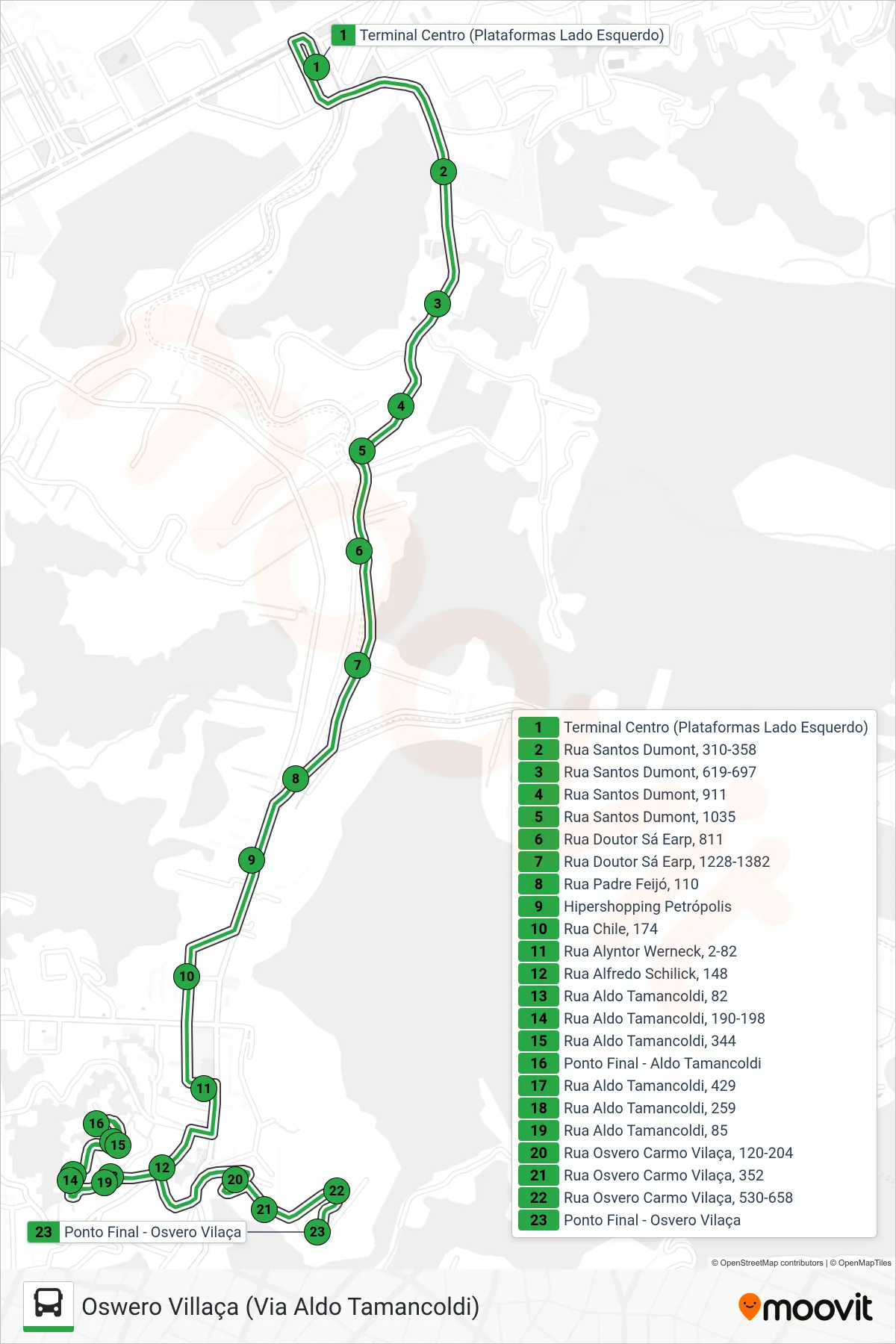 158 bus Line (Oswero Villaça / Aldo Tamancoldi) route and stops on a map