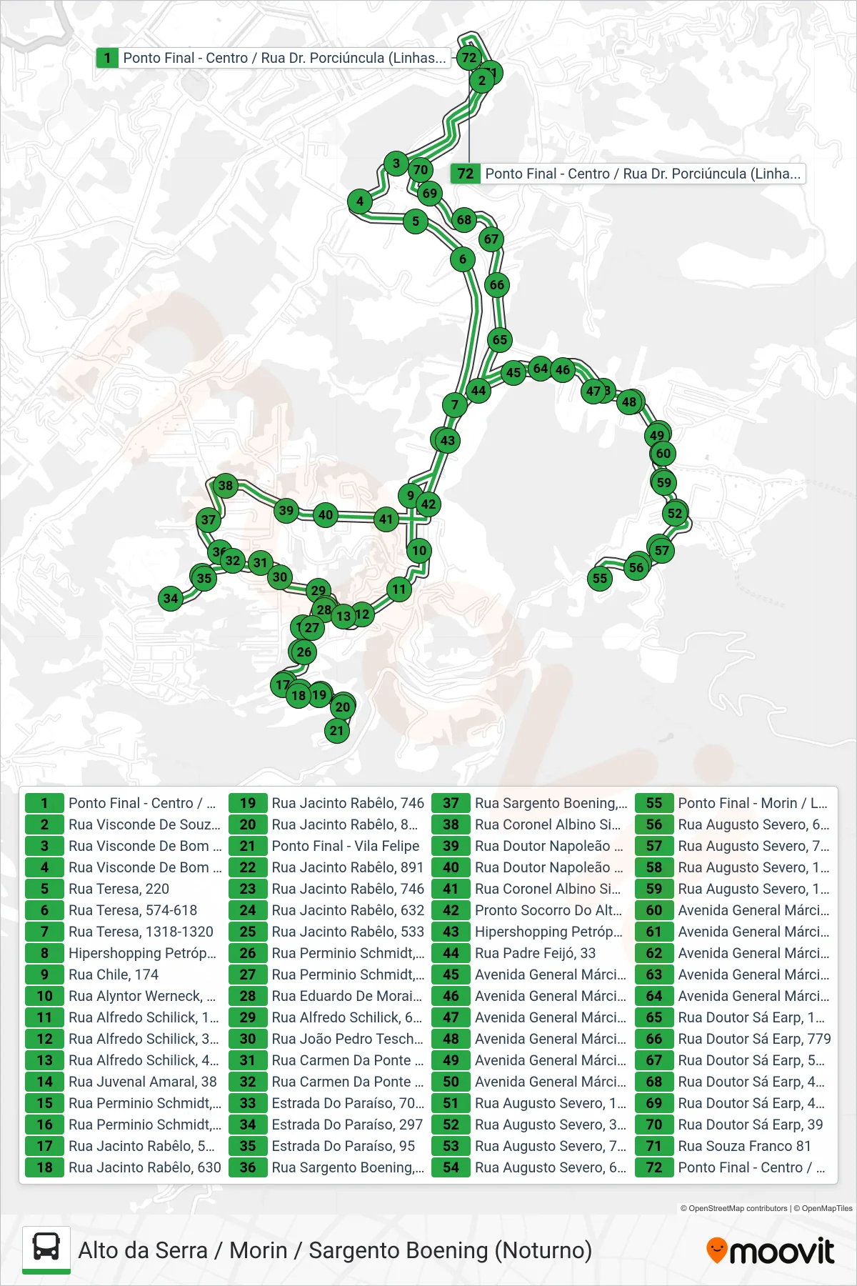 Rota e paradas da linha de ônibus 159 (Vila Felipe / Boening / Morin) no mapa