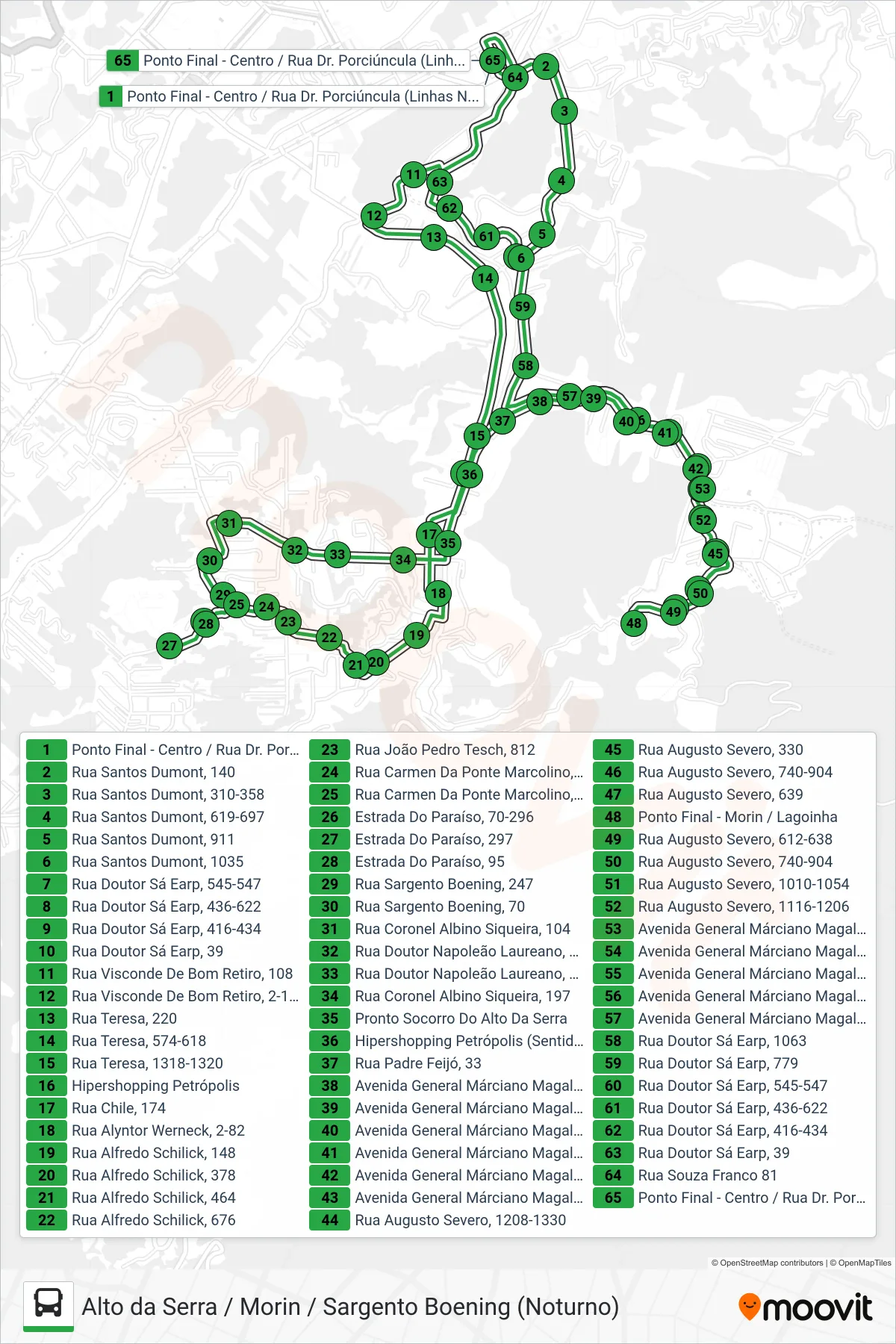 Rota e paradas da linha de ônibus 159 (Boening / Morin (Via Santos Dumont)) no mapa