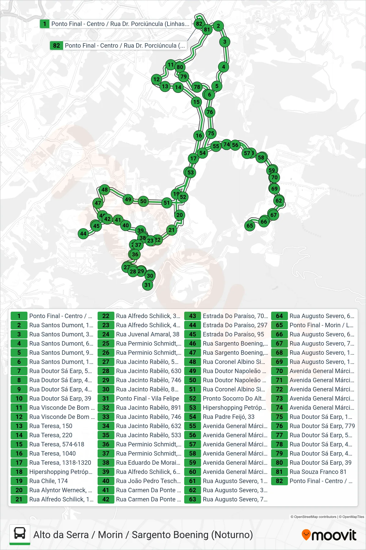 Rota e paradas da linha de ônibus 159 (Vila Felipe / Boening / Morin (Via Santos Dumont)) no mapa