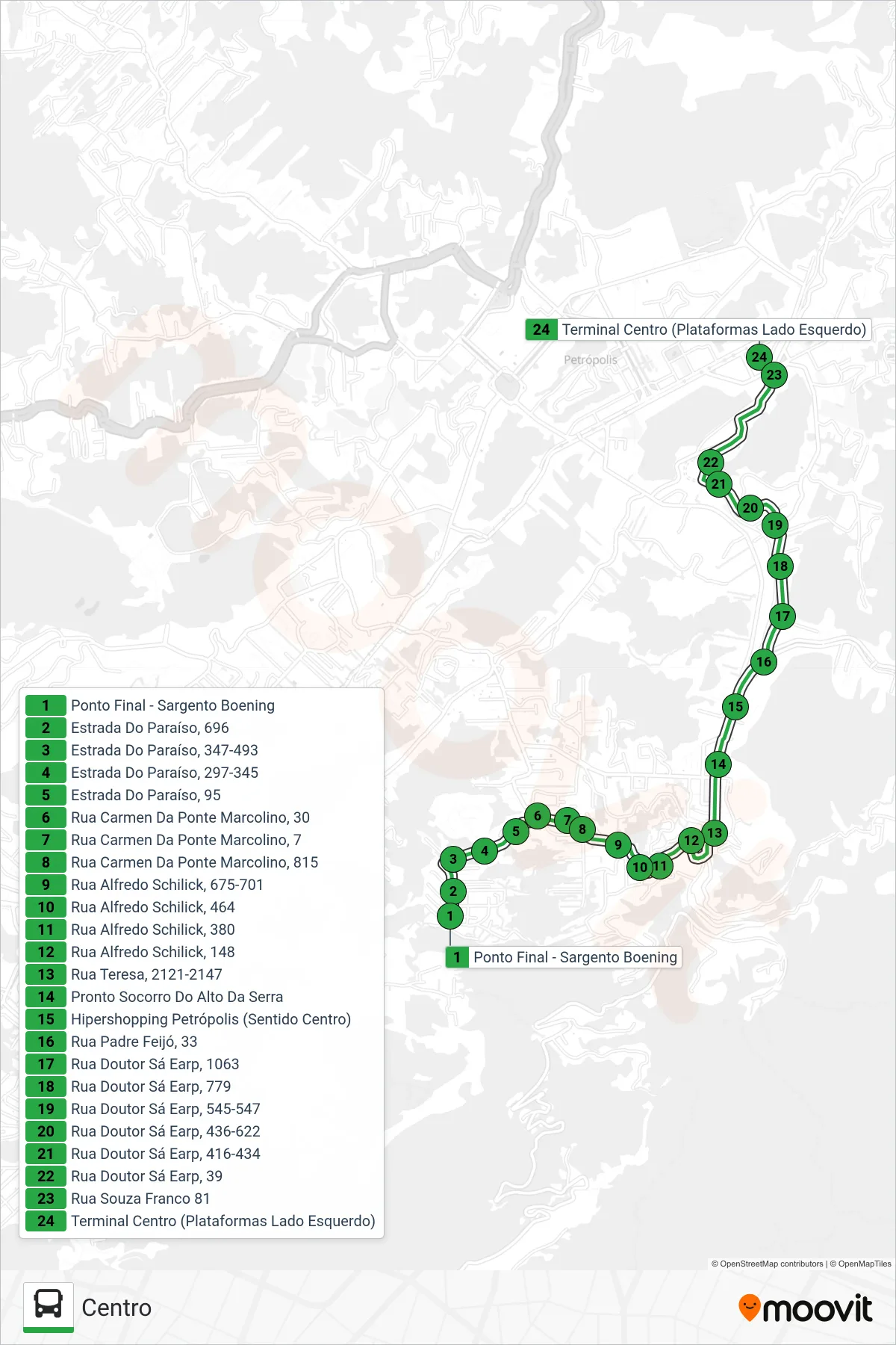 Rota e paradas da linha de ônibus 161 (Centro) no mapa