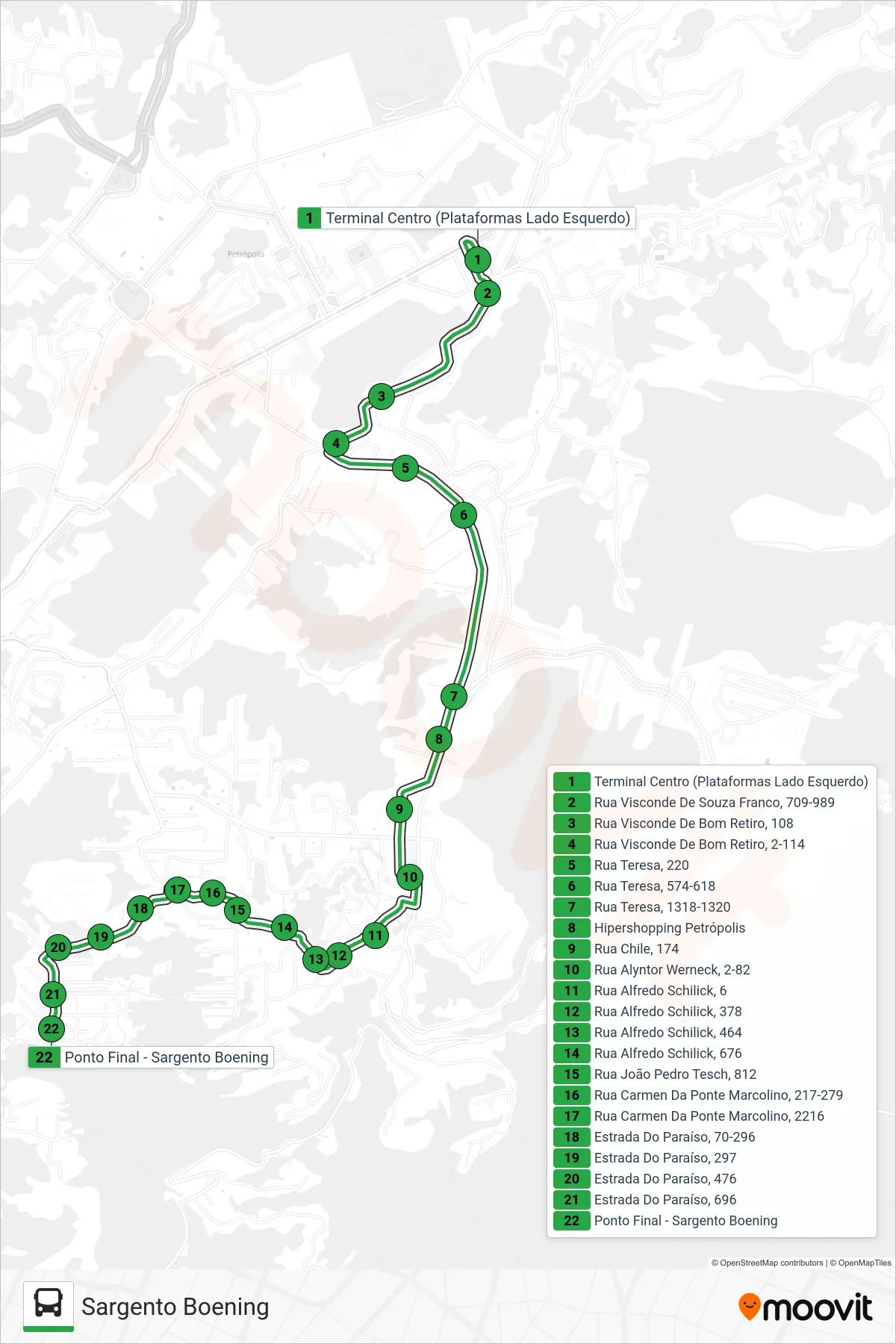 Rota e paradas da linha de ônibus 161 (Sargento Boening) no mapa
