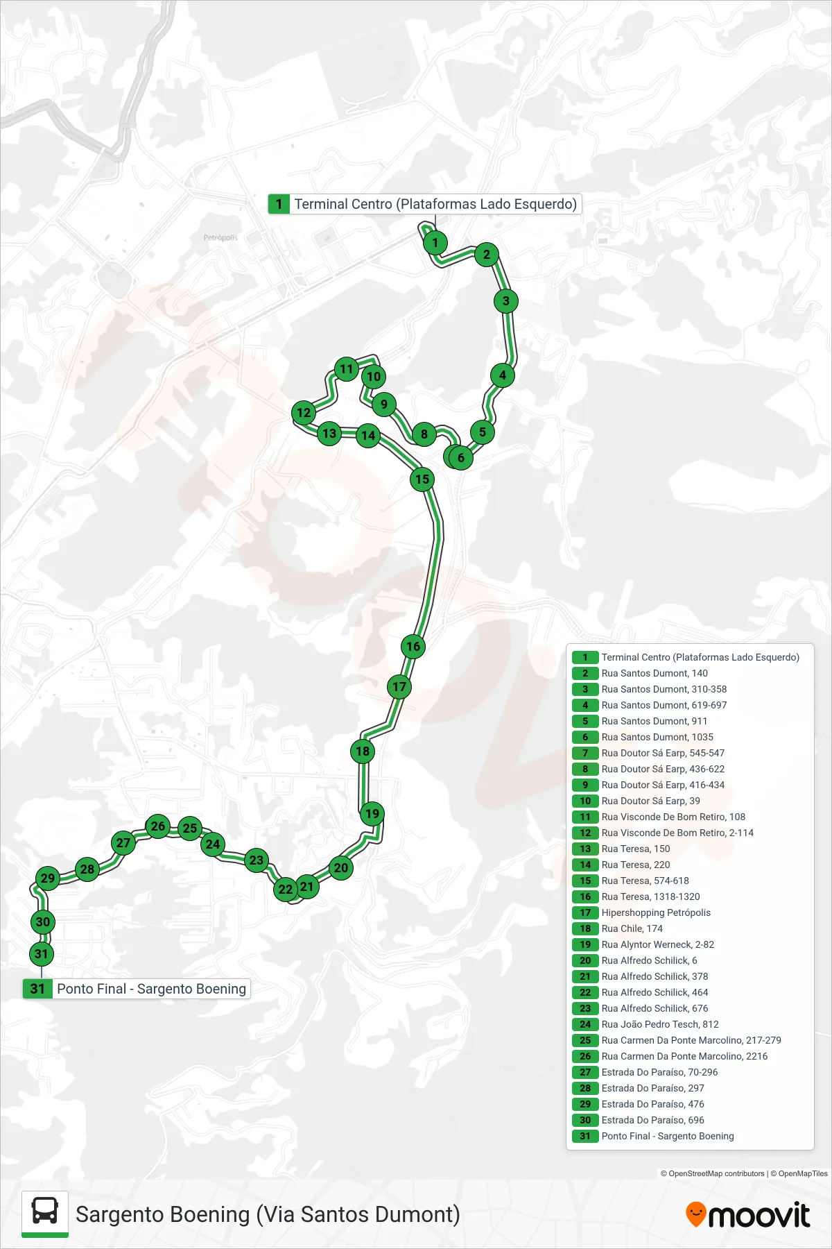 161 bus Line (Sargento Boening (Via Santos Dumont)) route and stops on a map