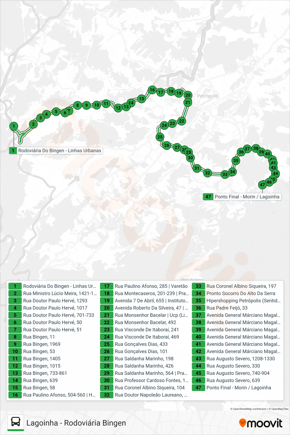 Rota e paradas da linha de ônibus 165 (Lagoinha) no mapa