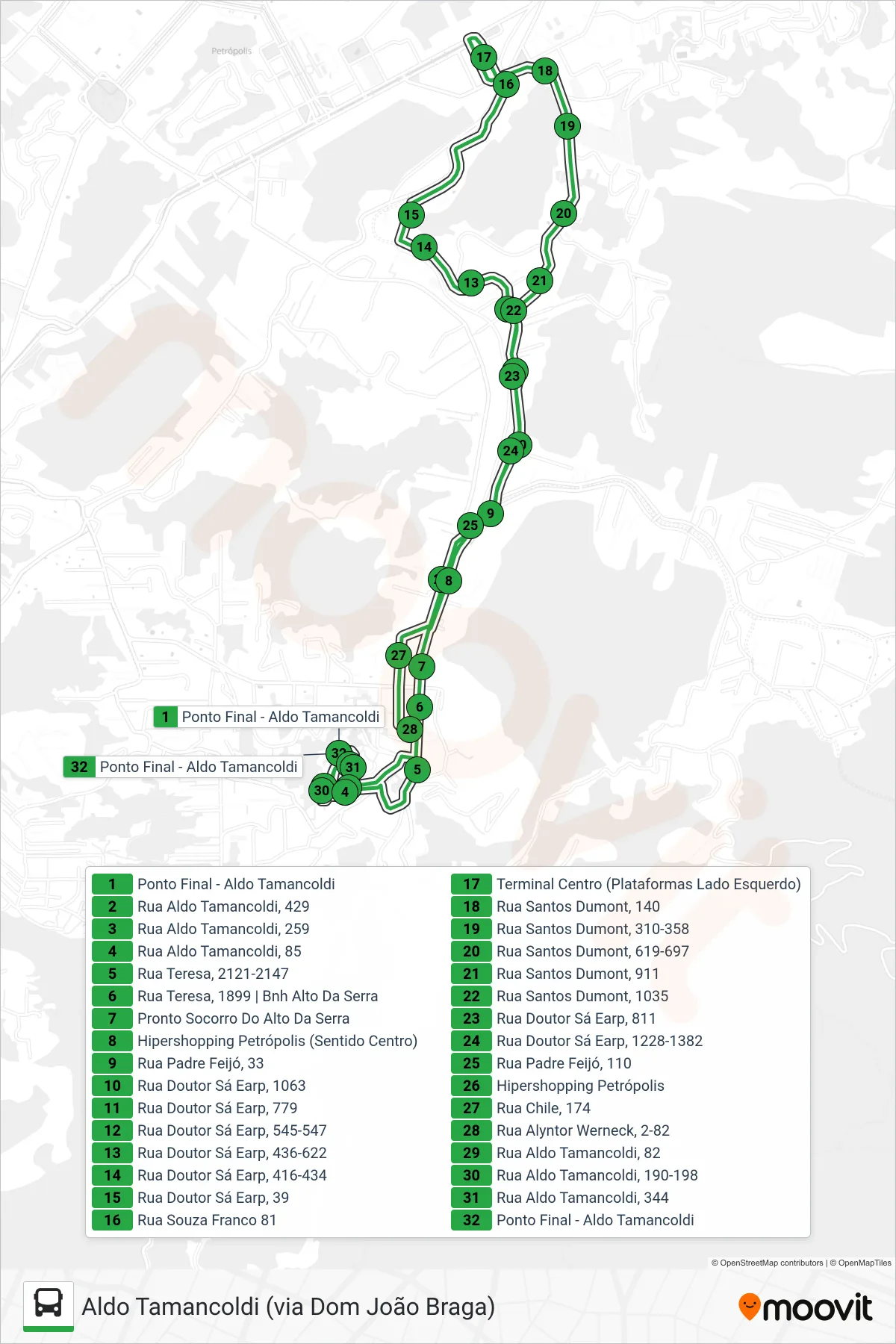 Rota e paradas da linha de ônibus  166  (Aldo Tamancoldi ↔ Centro) no mapa