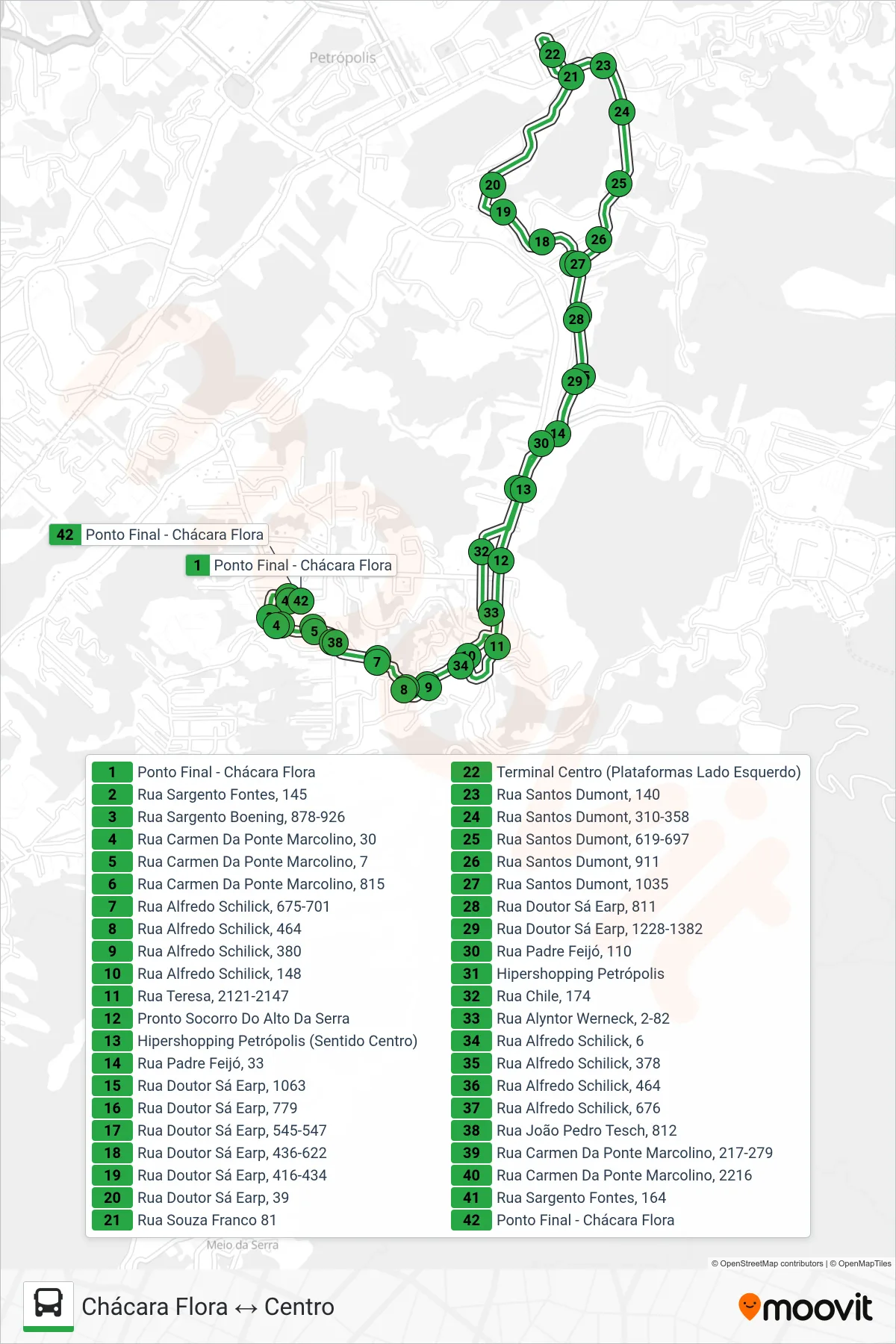 Rota e paradas da linha de ônibus 167 (Chácara Flora ↔ Centro) no mapa