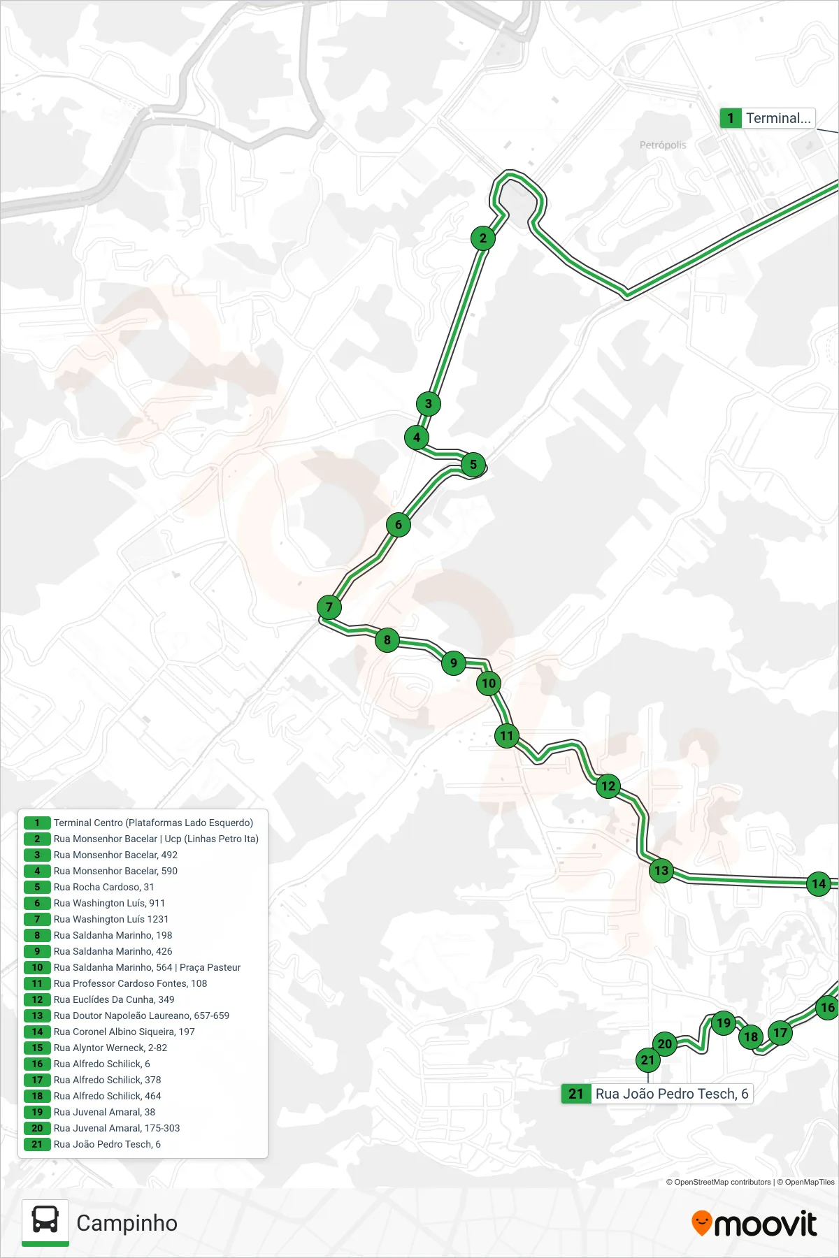 Rota e paradas da linha de ônibus 168 (Campinho) no mapa