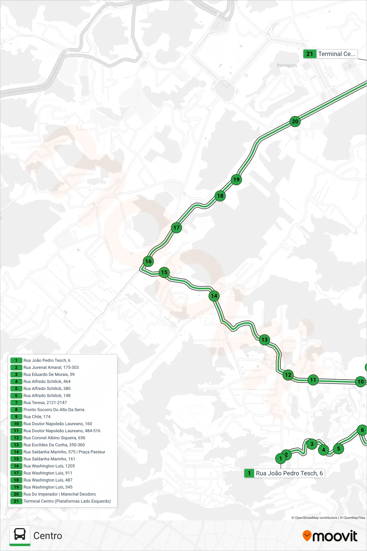 Rota e paradas da linha de ônibus 168 (Centro) no mapa